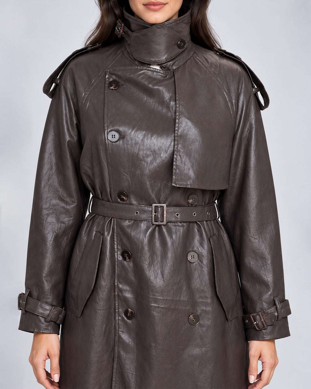 Trench long ceinturé effet cuir_face