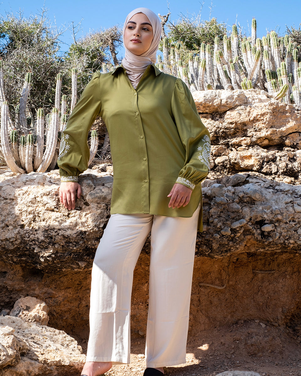 CHEMISE BRODÉE À MANCHES BOUFFANTES EN TENCEL – RAZANA