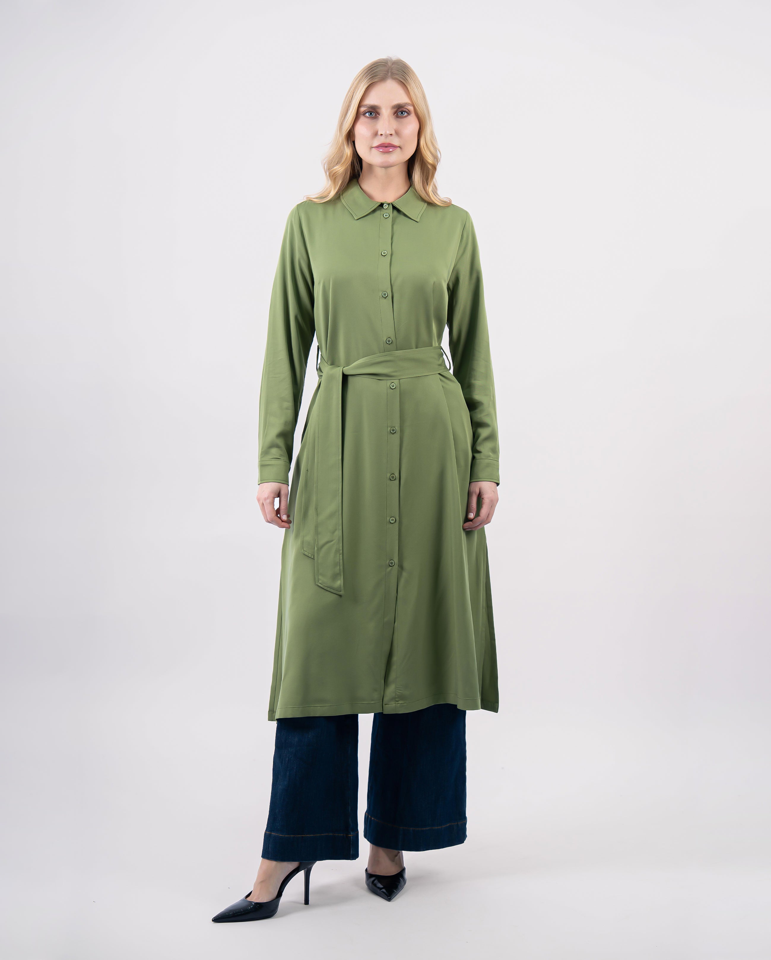 robe chemise fluide ceinturée pour femme-Vert olive-face