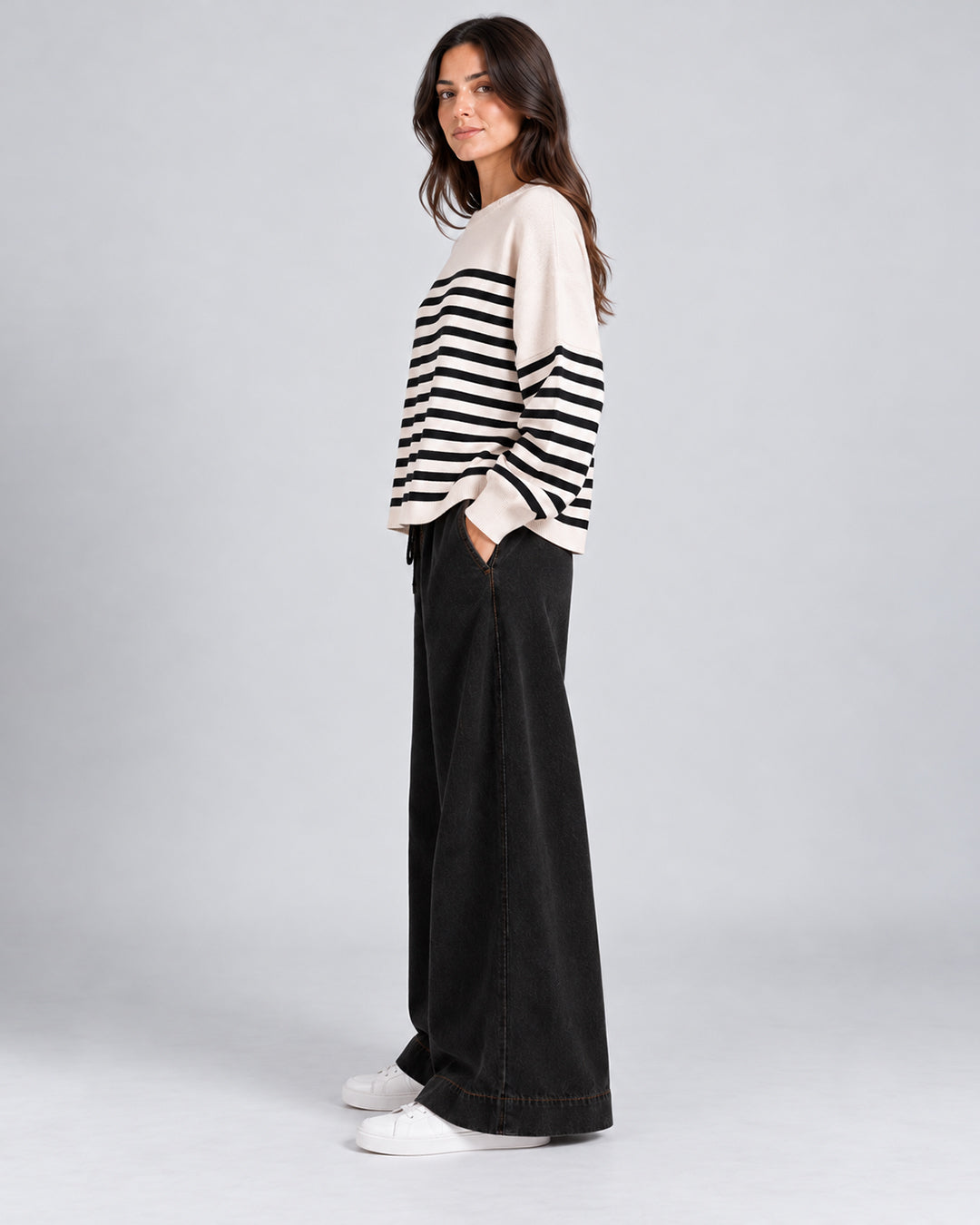 Pull Oversize en maille à rayures contrastées et manches longues_Beige_cote