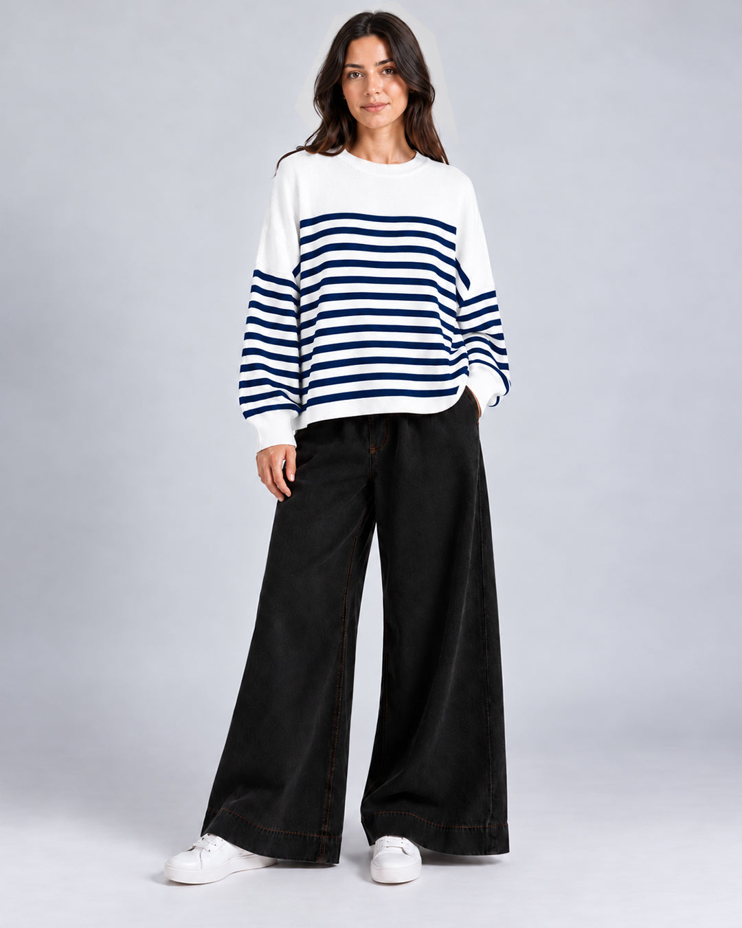 Pull Oversize en maille à rayures contrastées et manches longues_Blanc_Face
