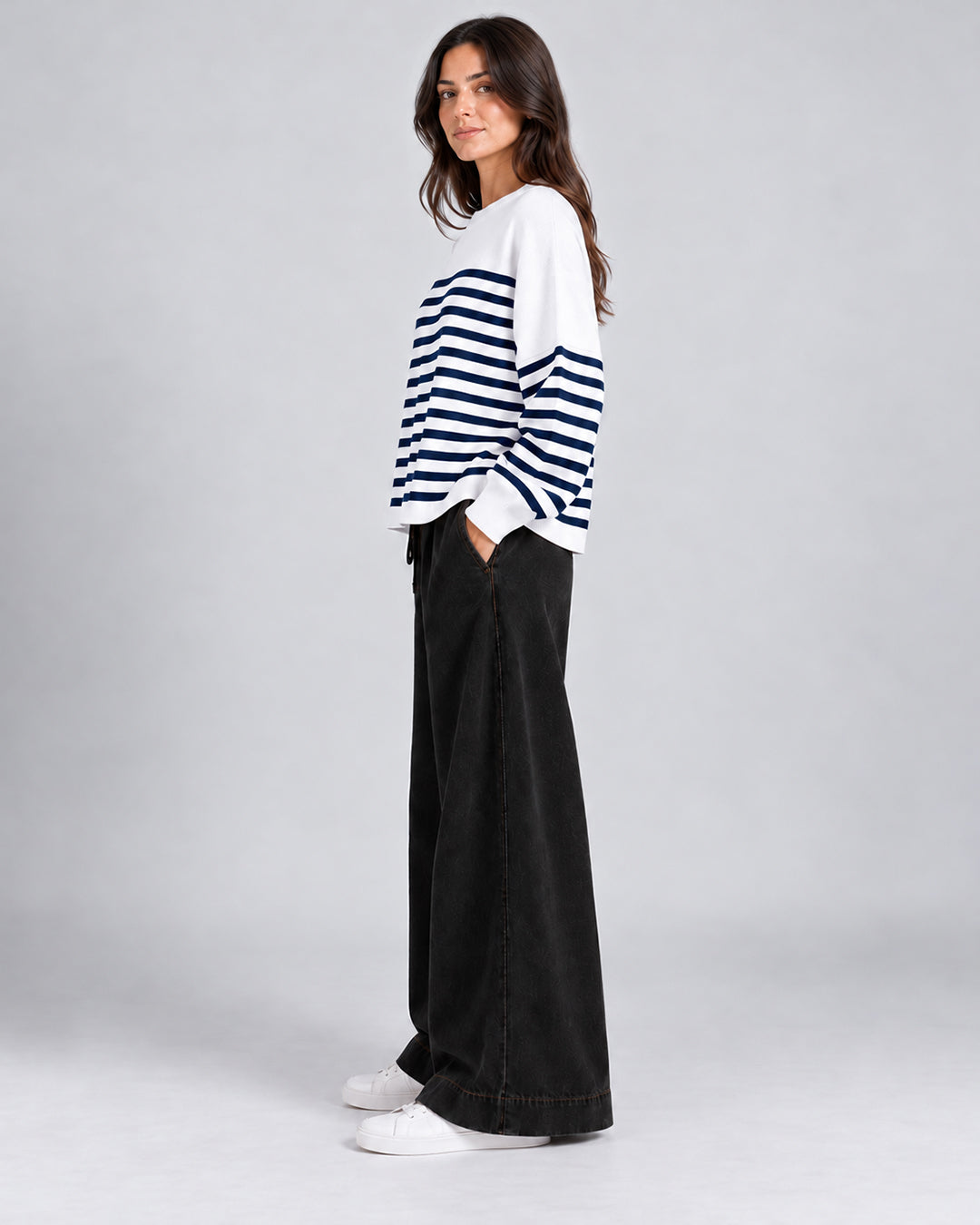 Pull Oversize en maille à rayures contrastées et manches longues_Blanc_cote