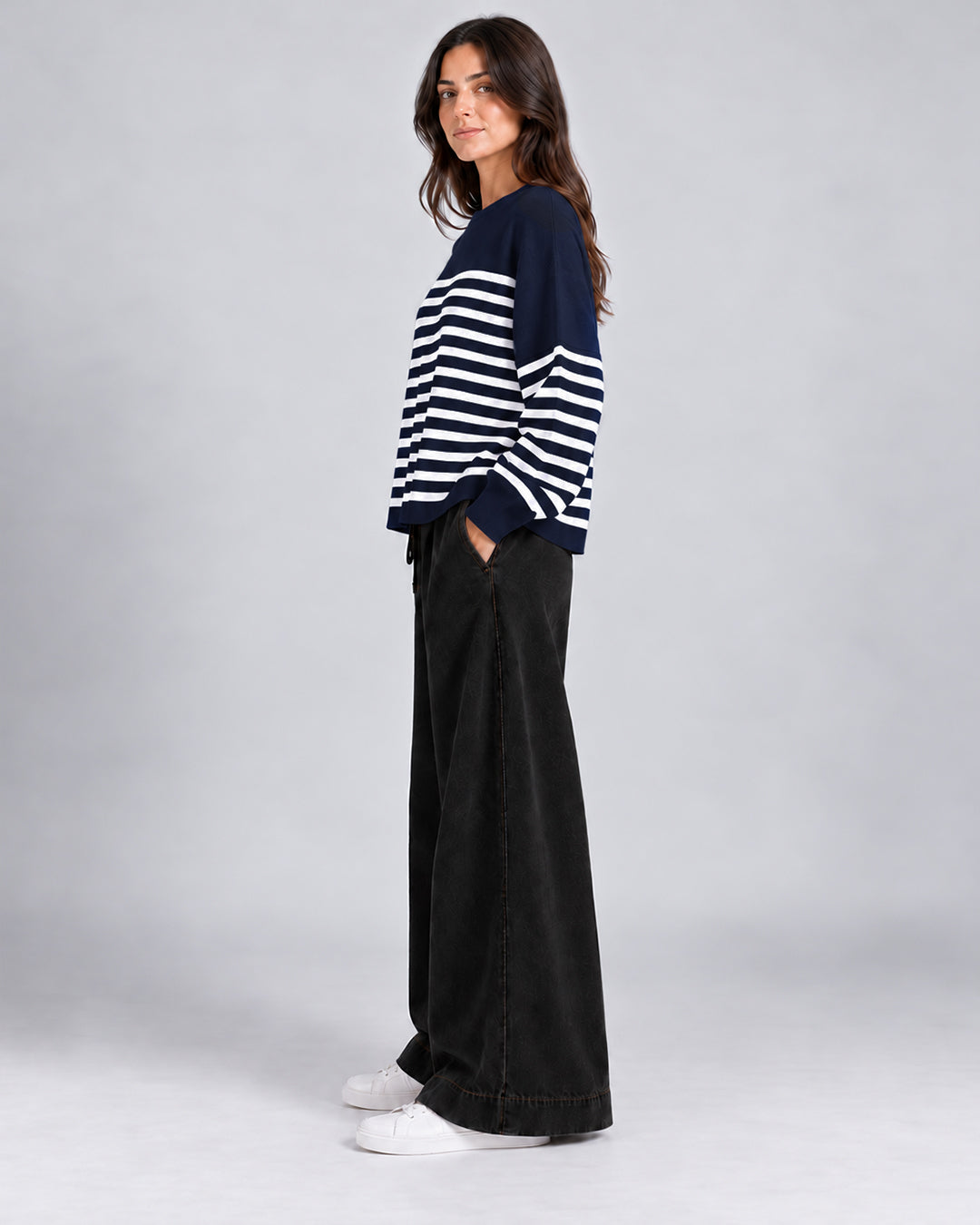 Pull Oversize en maille à rayures contrastées et manches longues_Bleu marine_cote