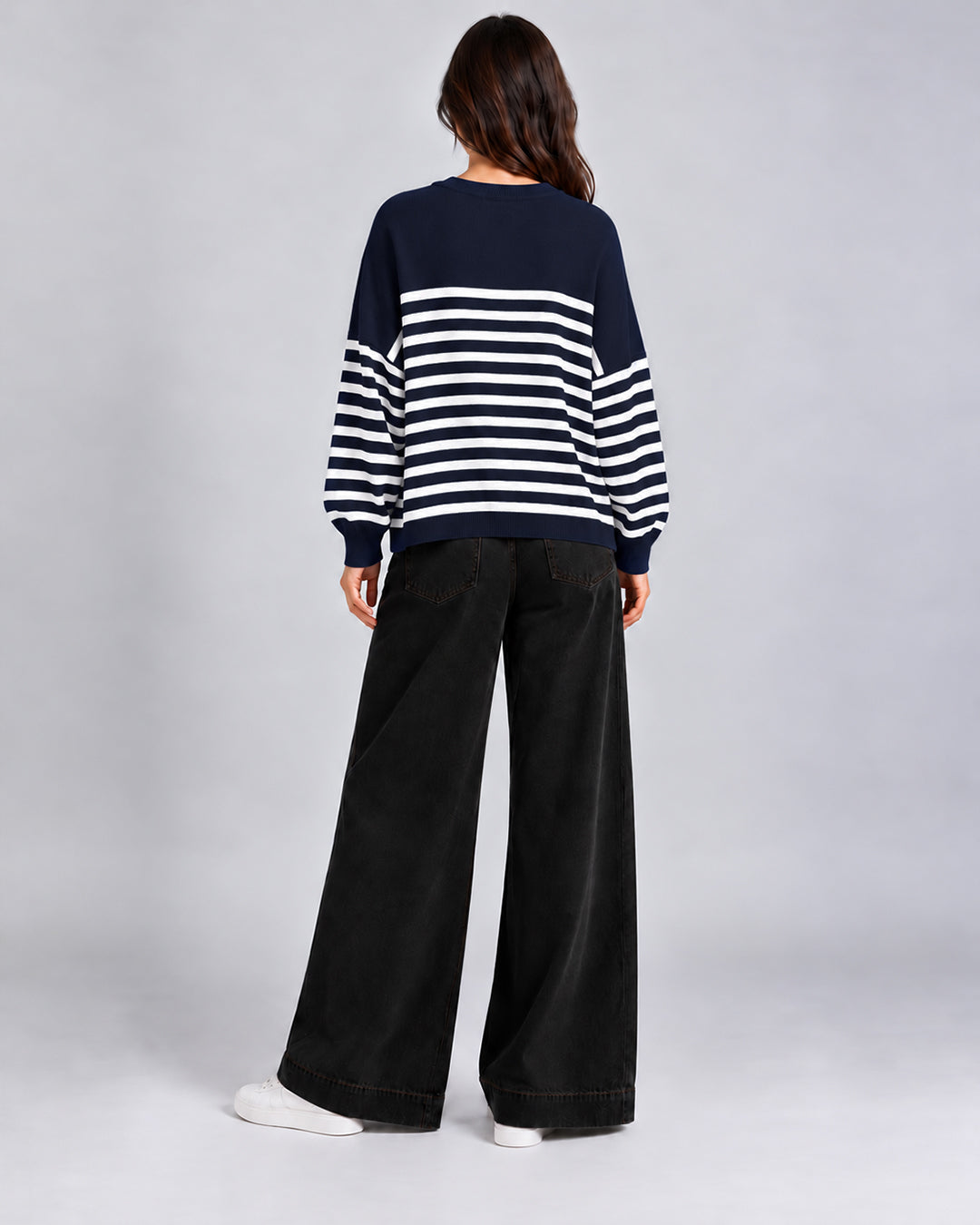 Pull Oversize en maille à rayures contrastées et manches longues_Bleu marine_dos