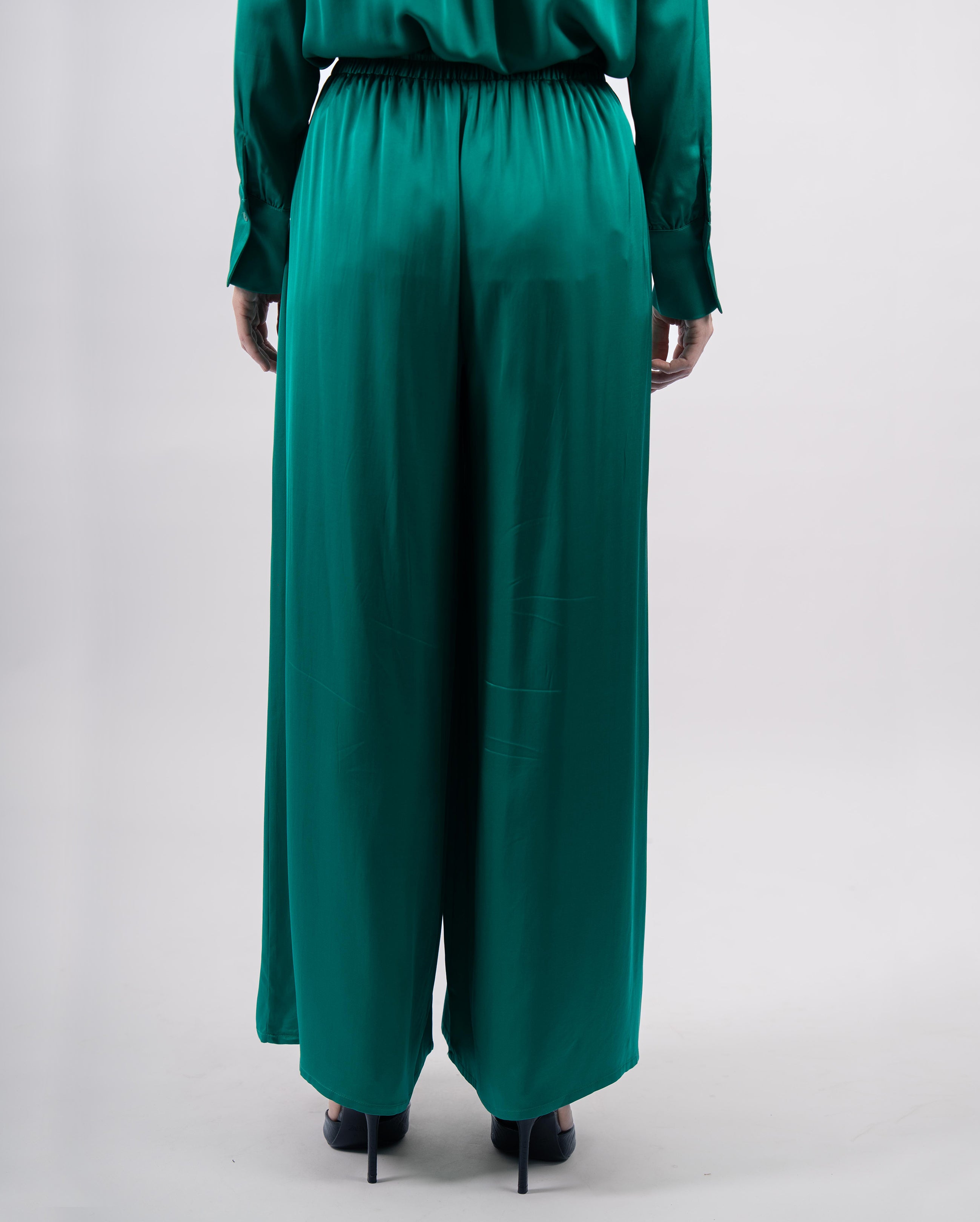 Pantalon palazzo à taille élastique, coupe large confortable et élégante- Vert- vue arrière