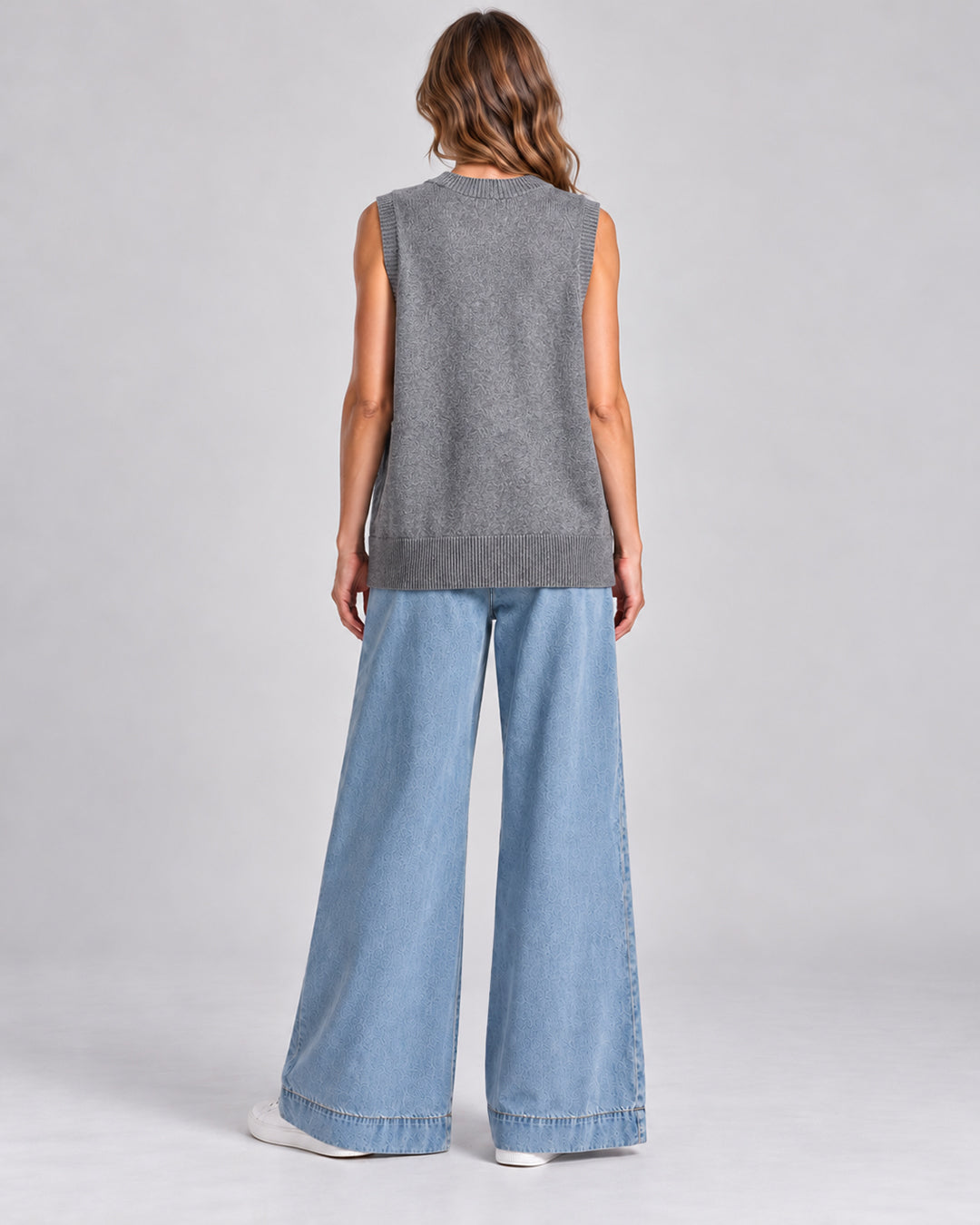 Pull Sans Manches Oversize en Maille à Col V_Gris_dos