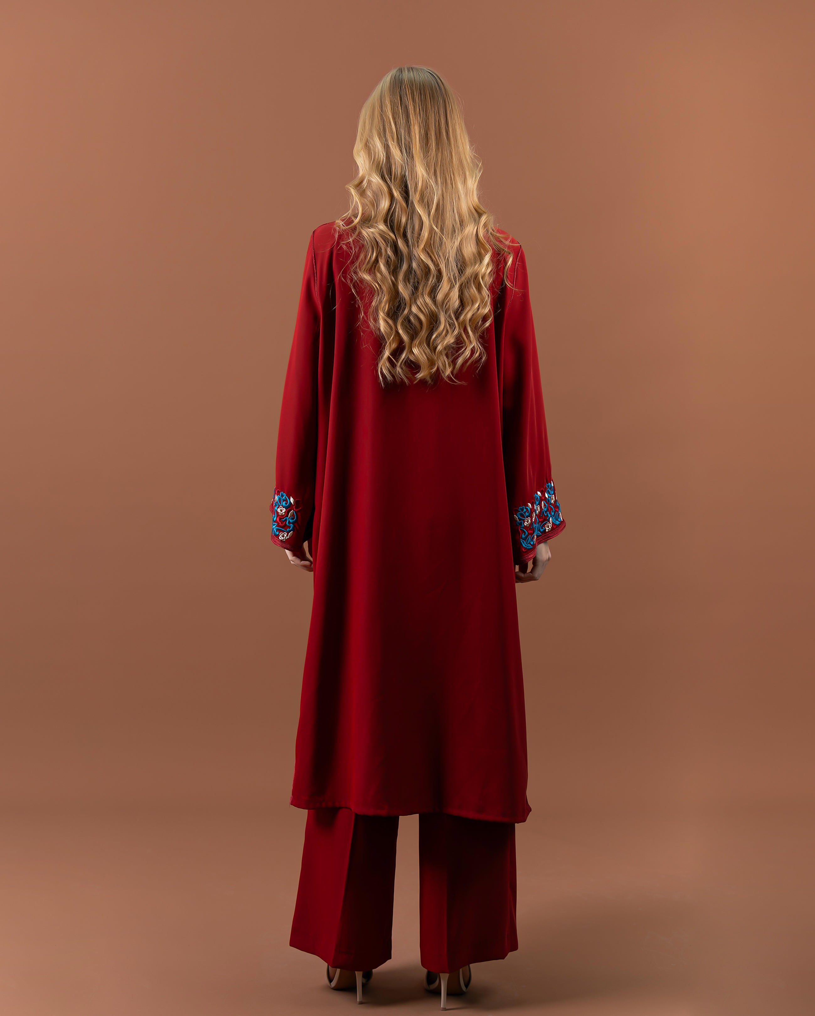 Kimono fluide brodé avec ceinture pour femme –Bordeaux-dos