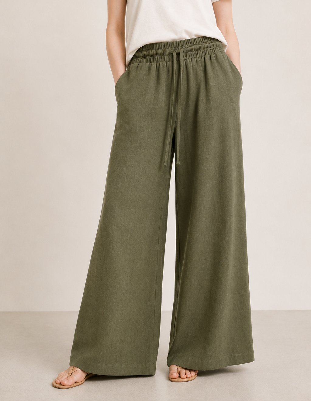 Pantalon large en lin à taille élastique-Vert Kaki-femme-face-RAZANA