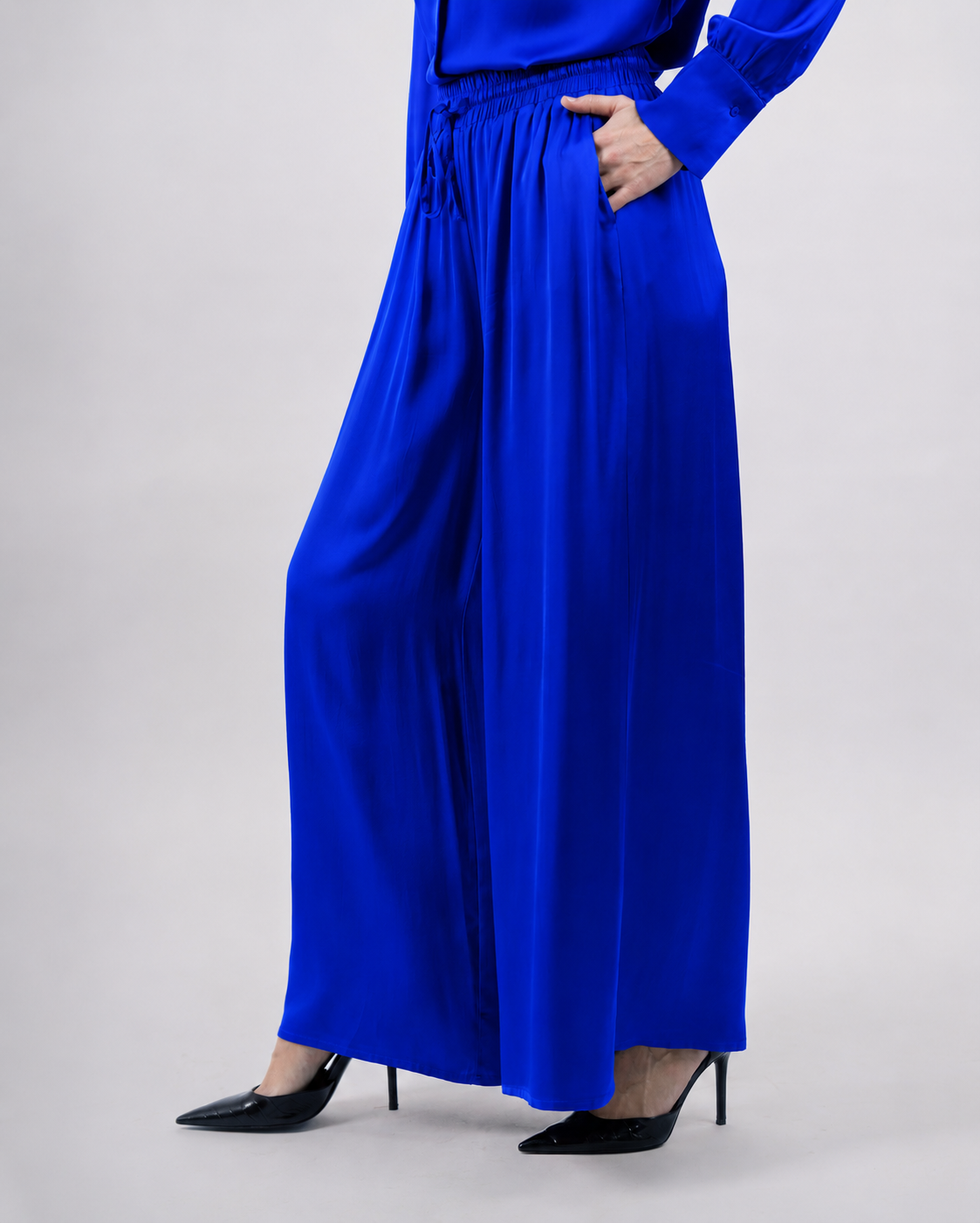 Pantalon palazzo à taille élastique, coupe large confortable et élégante- Bleu- vue coté