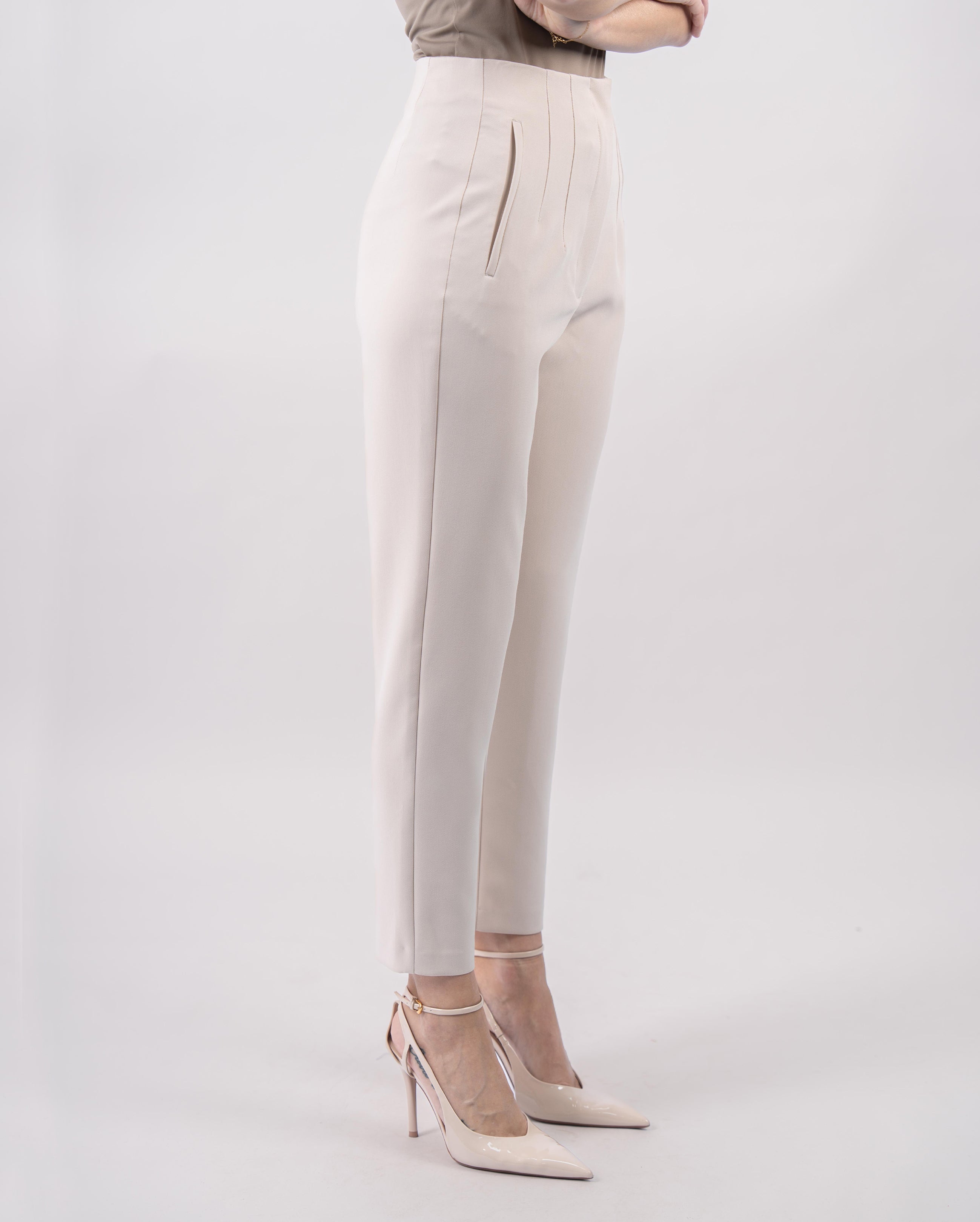 Pantalon taille haute à pinces-femme-Beige-cote