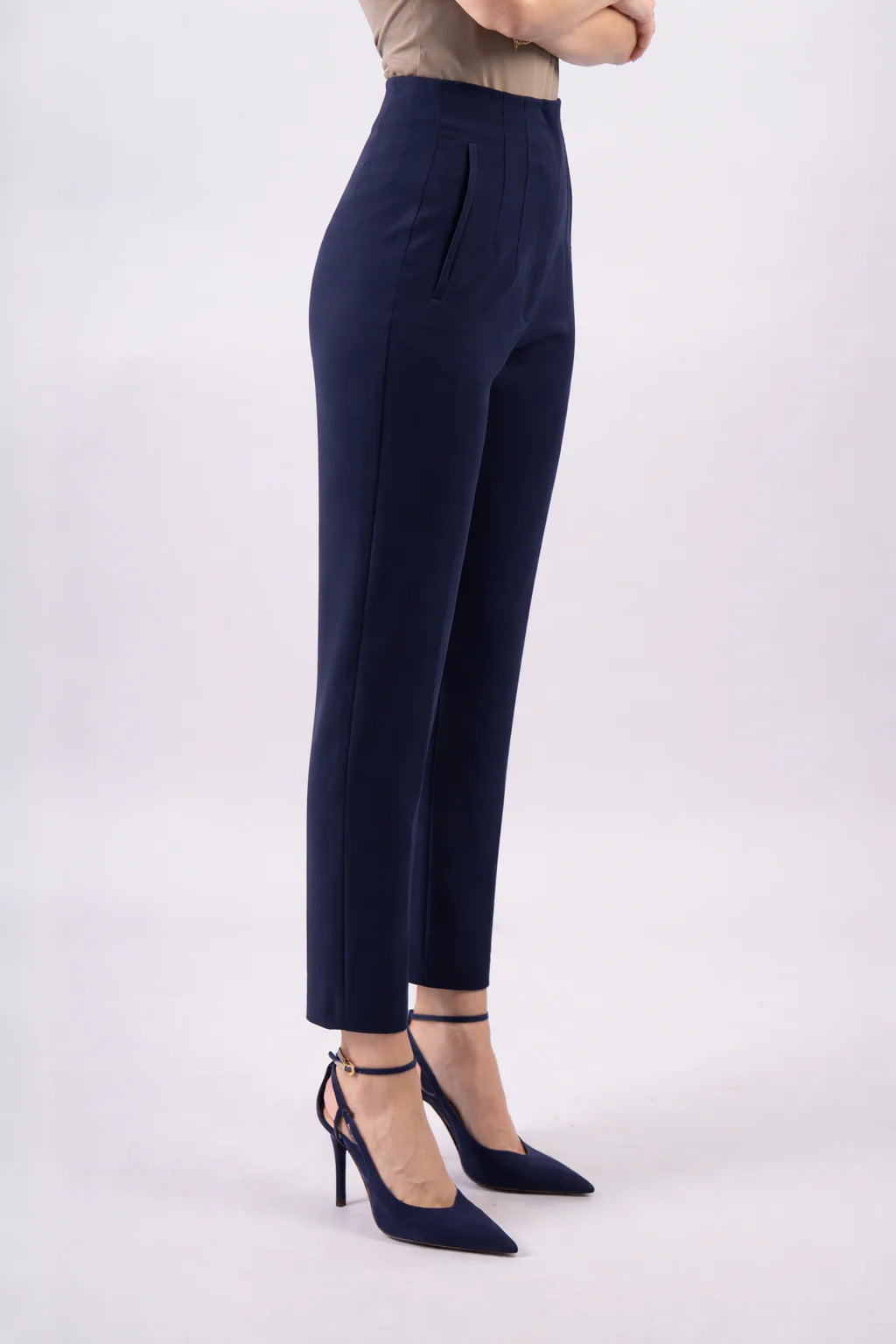 Pantalon taille haute à pinces-femme-Bleu marine-cote