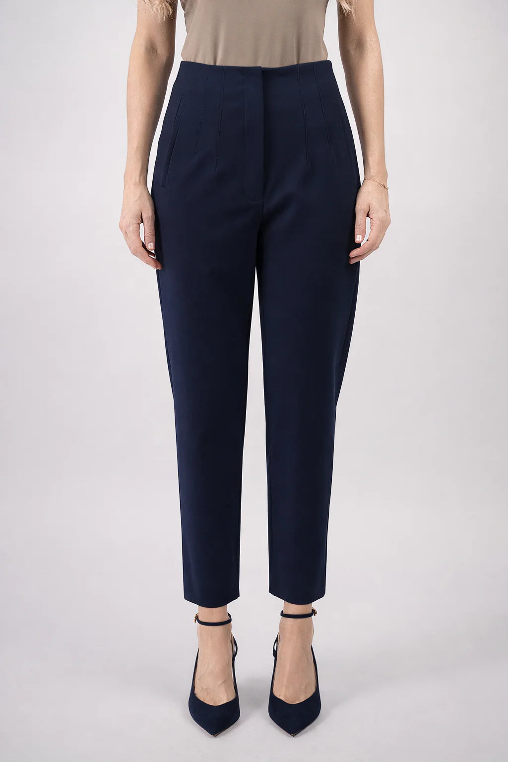 Pantalon taille haute à pinces-femme-Bleu marine-face