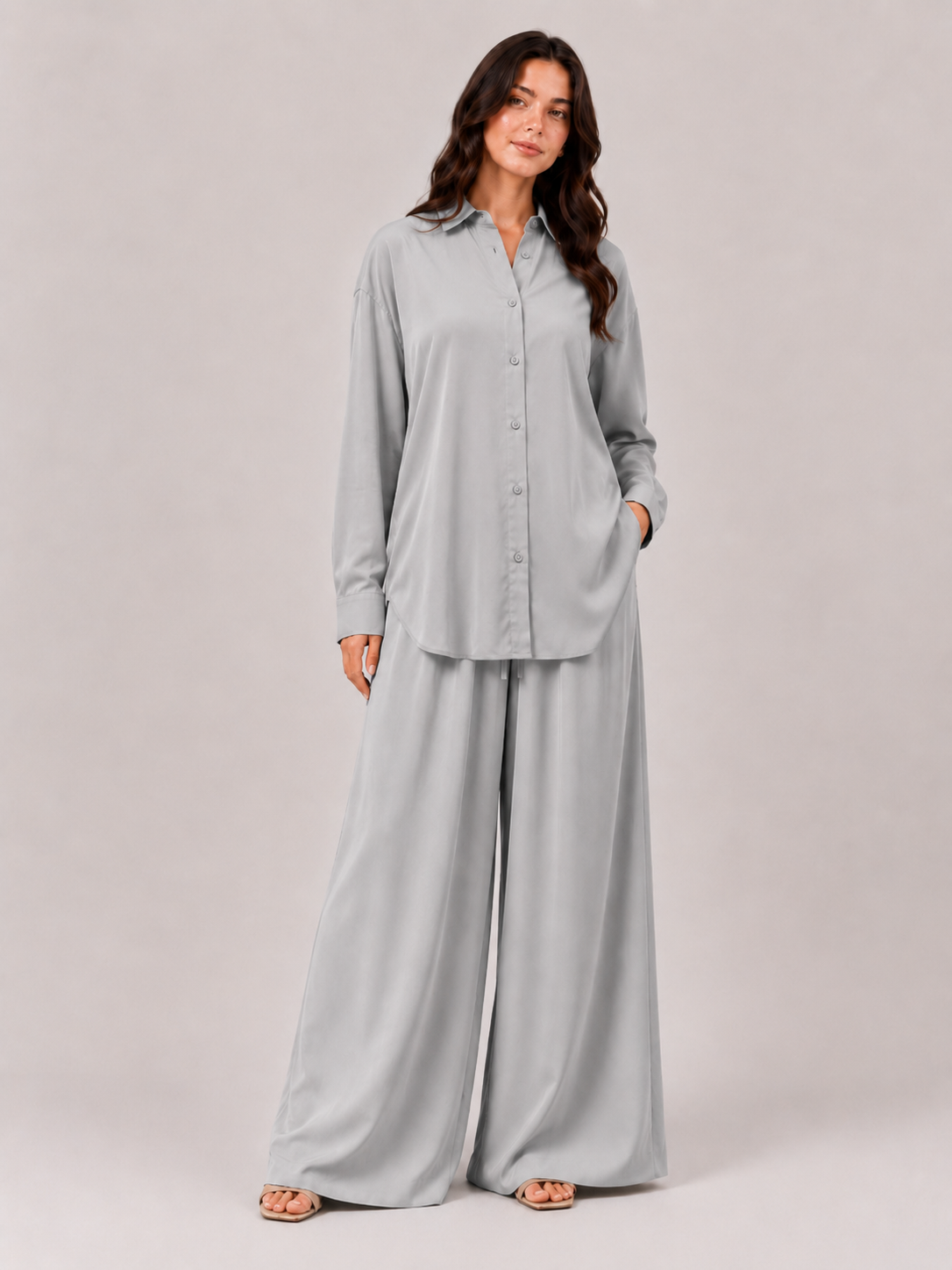 Chemise longue fluide en Tencel-Gris-face
