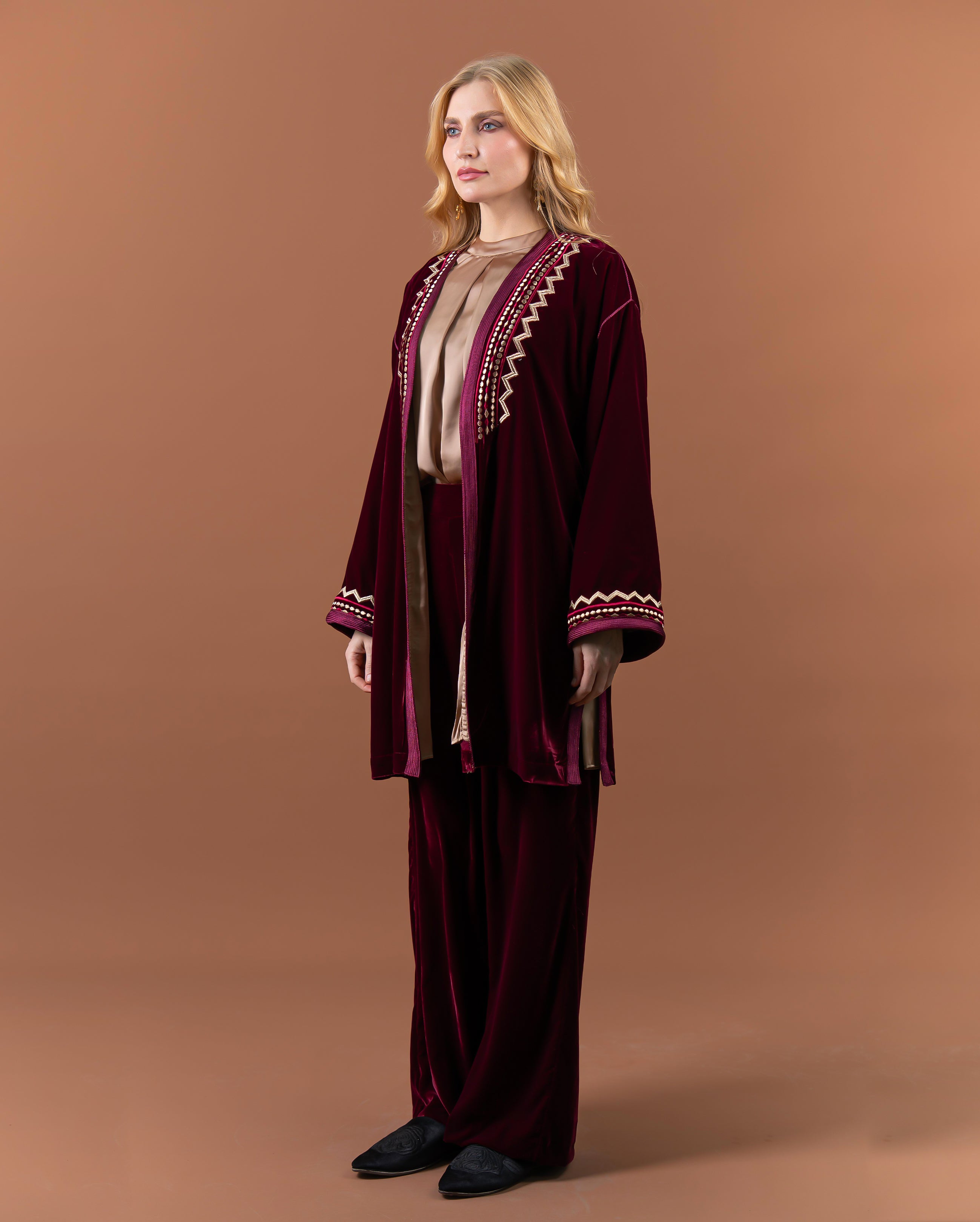 kimono marocain velours bordeaux manches larges