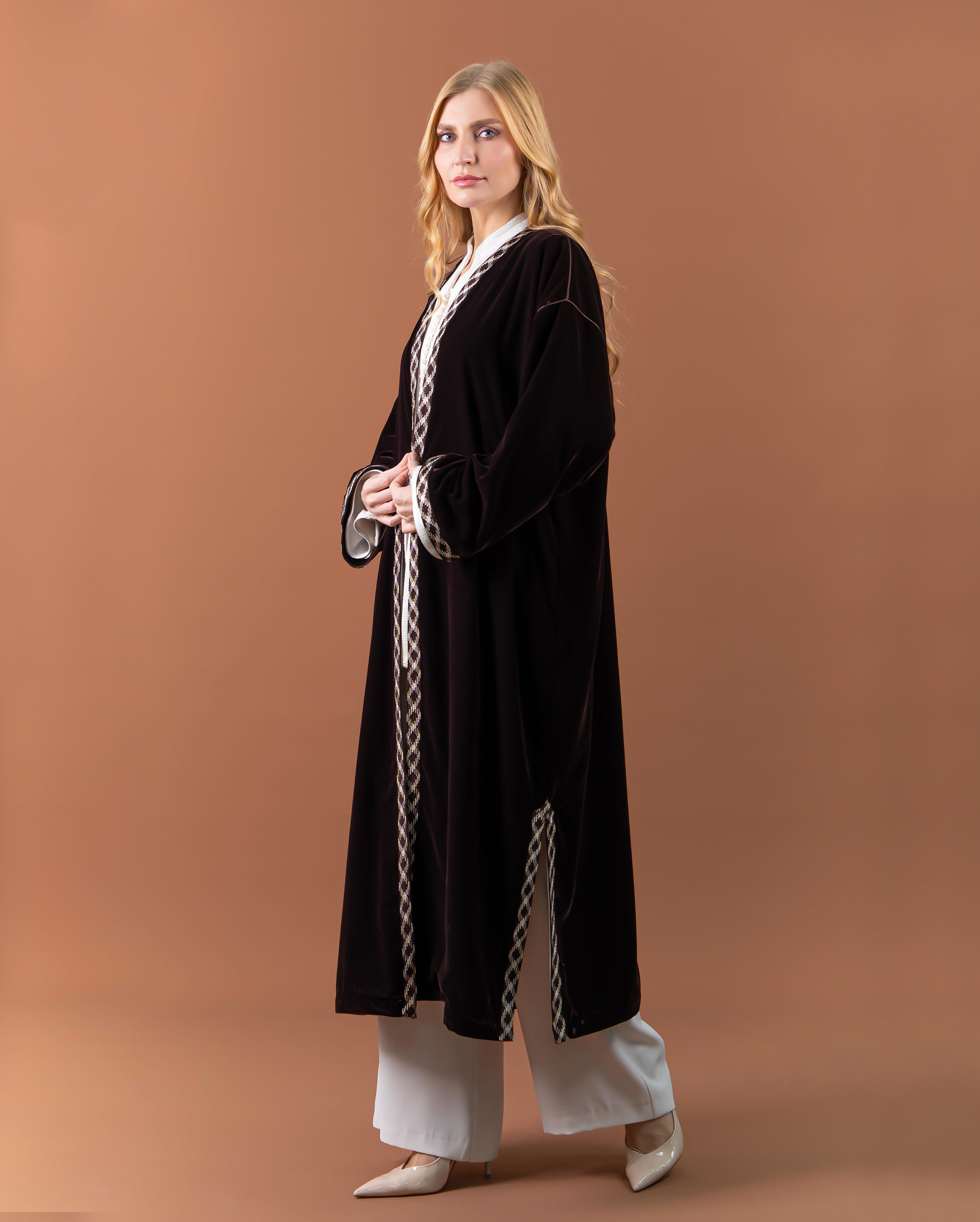 Kimono long en velours avec finitions sfifa pour femme –Marron-cote