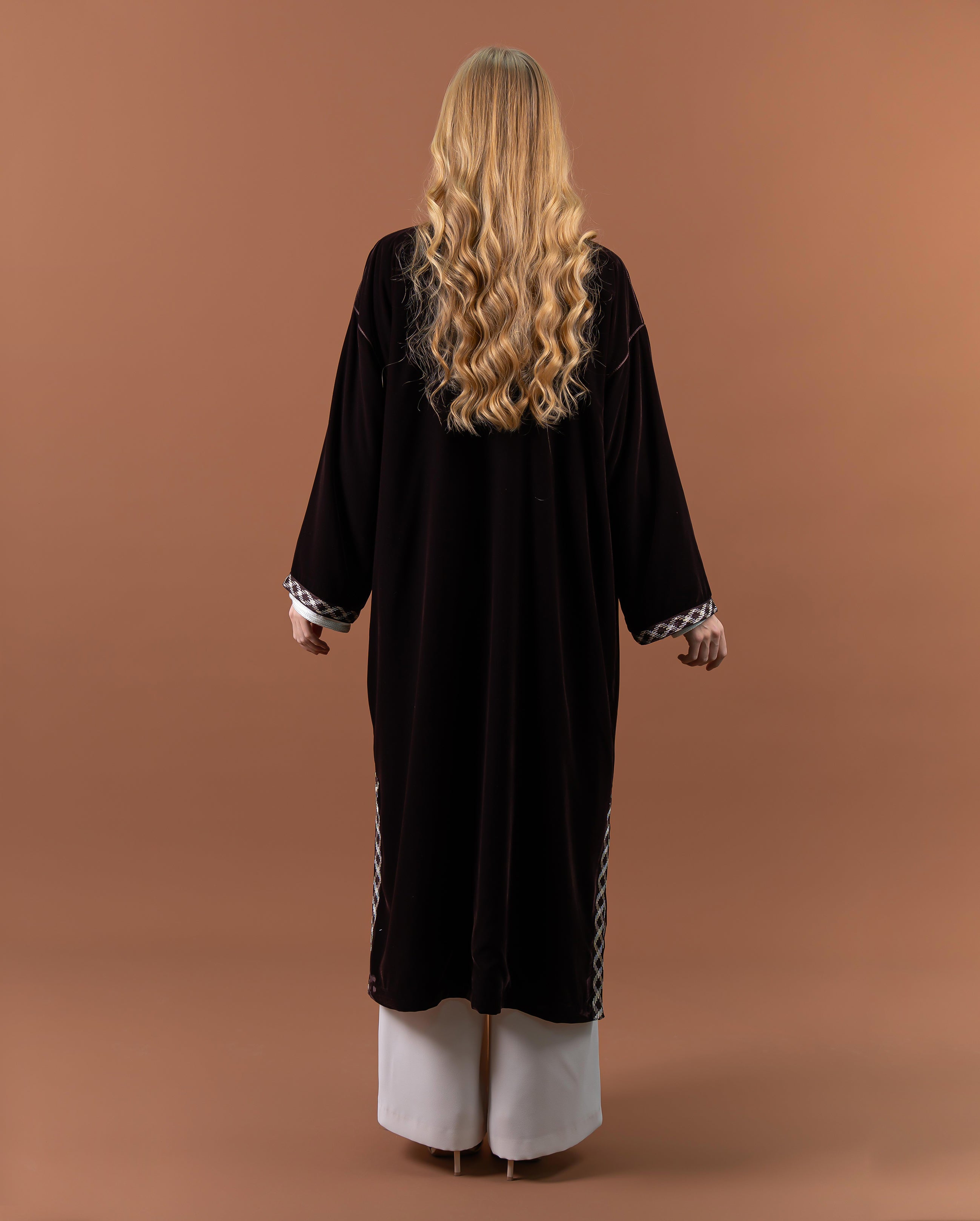 Kimono long en velours avec finitions sfifa pour femme –Marron-dos