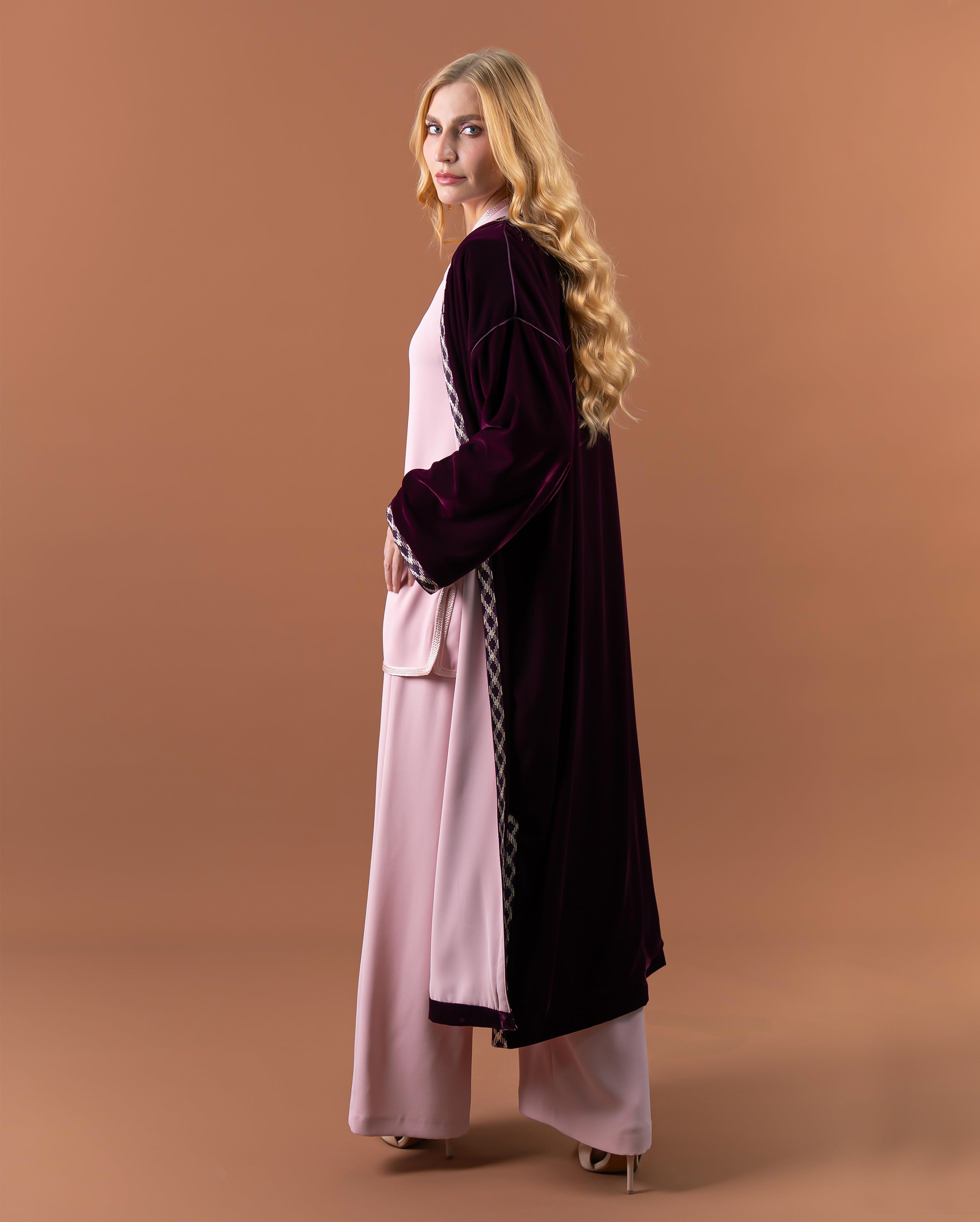 Kimono long en velours avec finitions sfifa pour femme –Prune-cote2