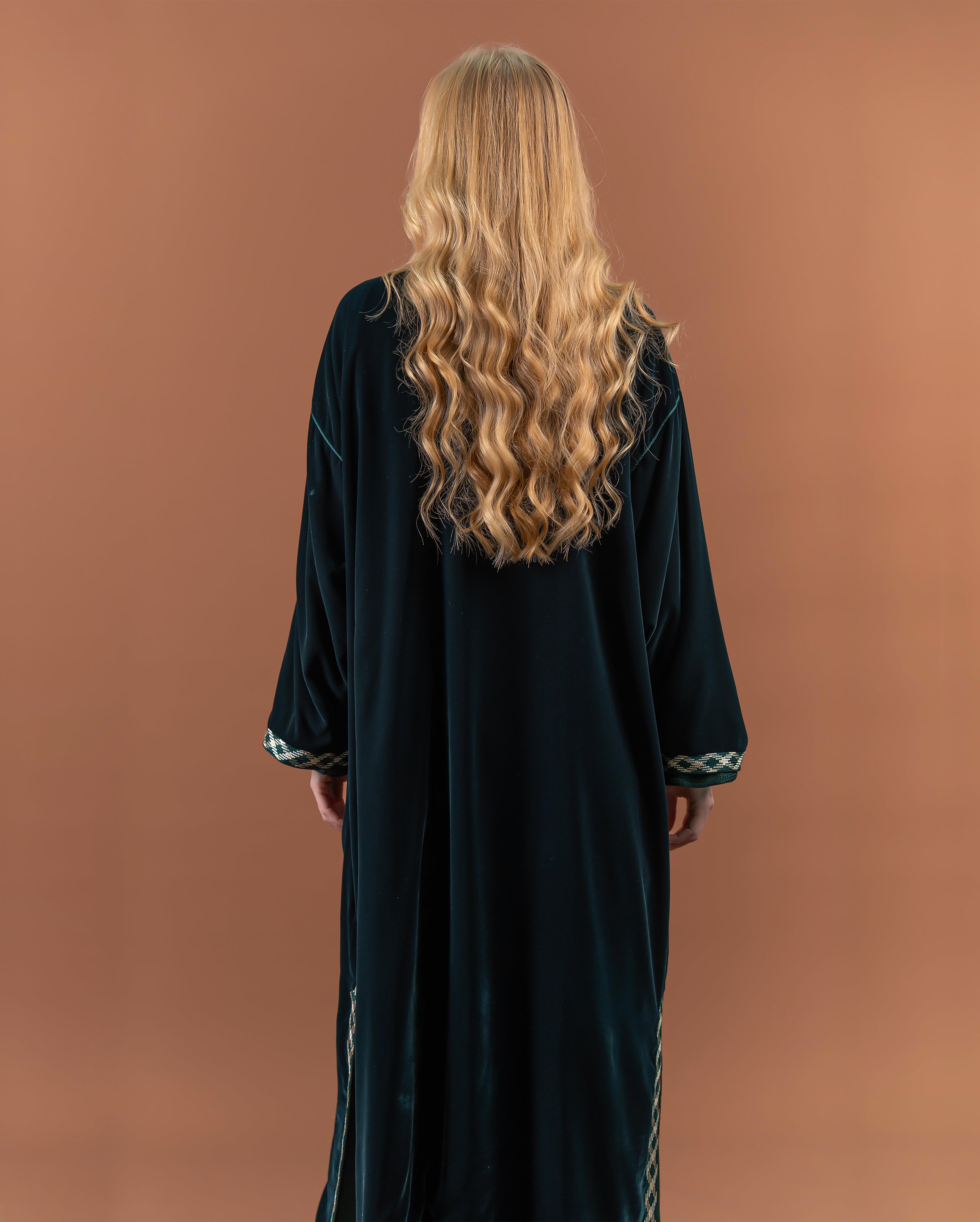 Kimono long en velours avec finitions sfifa pour femme –Vert-dos2