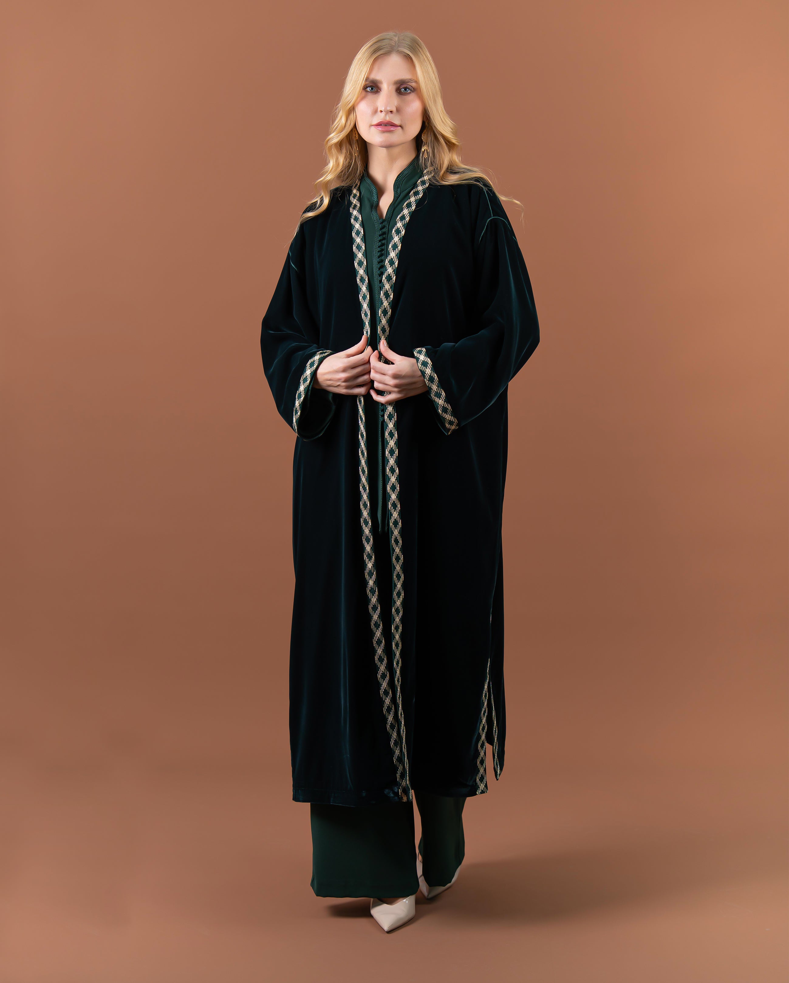 Kimono long en velours avec finitions sfifa pour femme –Vert-face