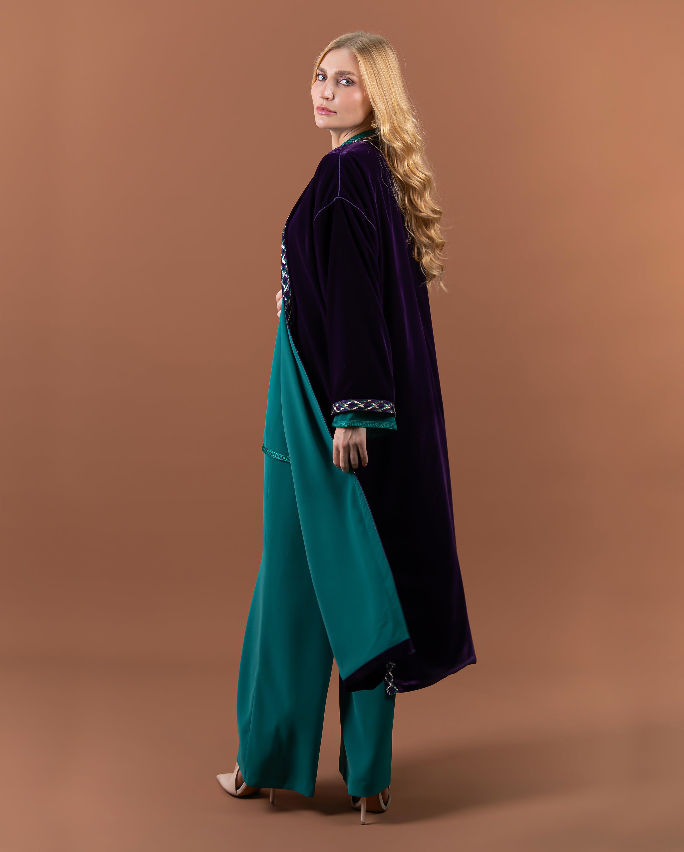 Kimono long en velours avec finitions sfifa pour femme –Violet-cote