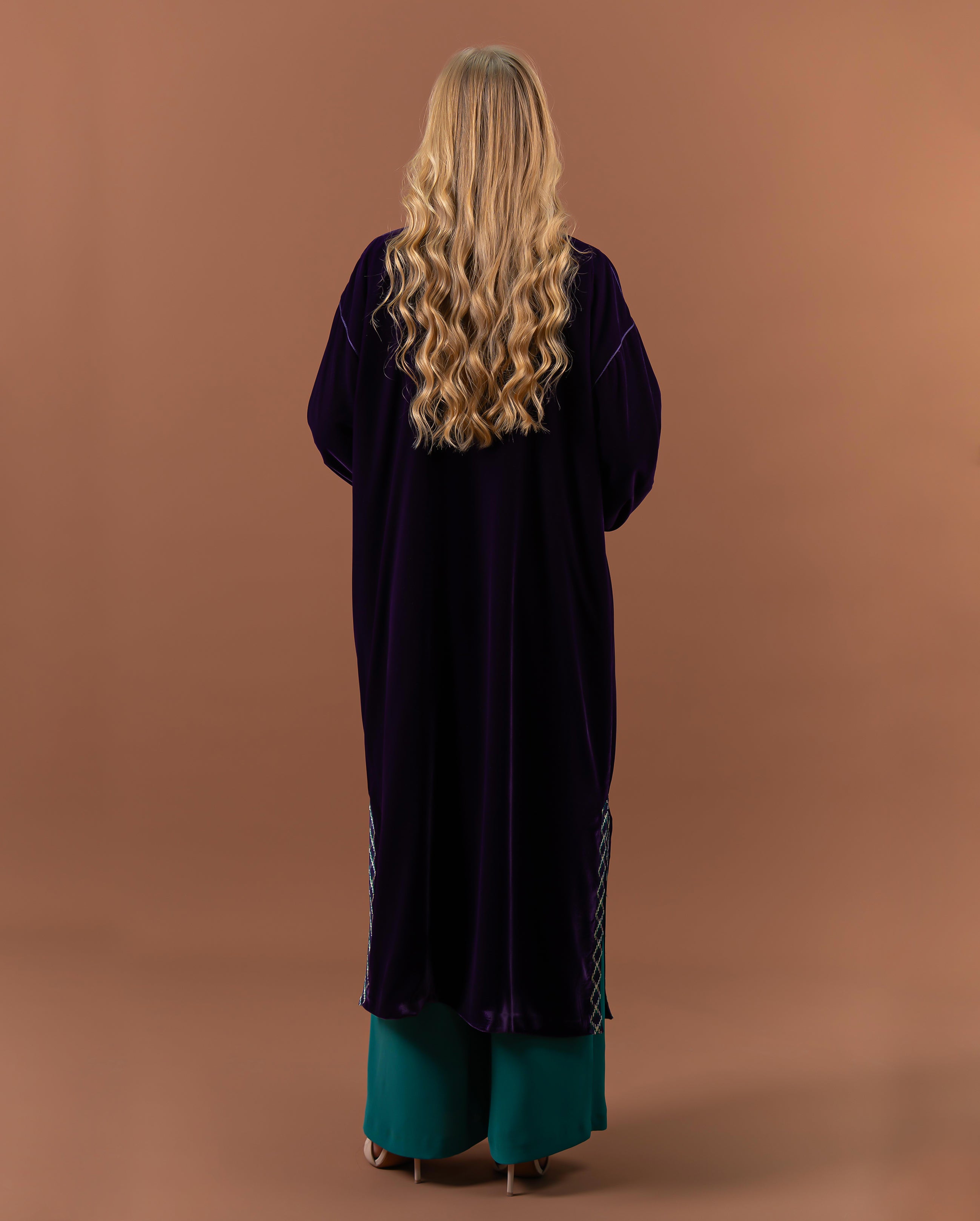 Kimono long en velours avec finitions sfifa pour femme –Violet-dos