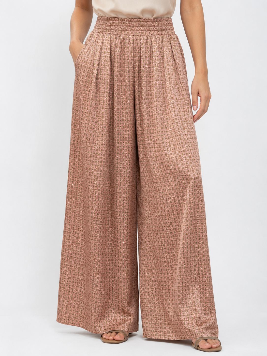 Pantalon palazzo fluide imprimé rose poudré RAZANA avec coupe large et taille élastiquée