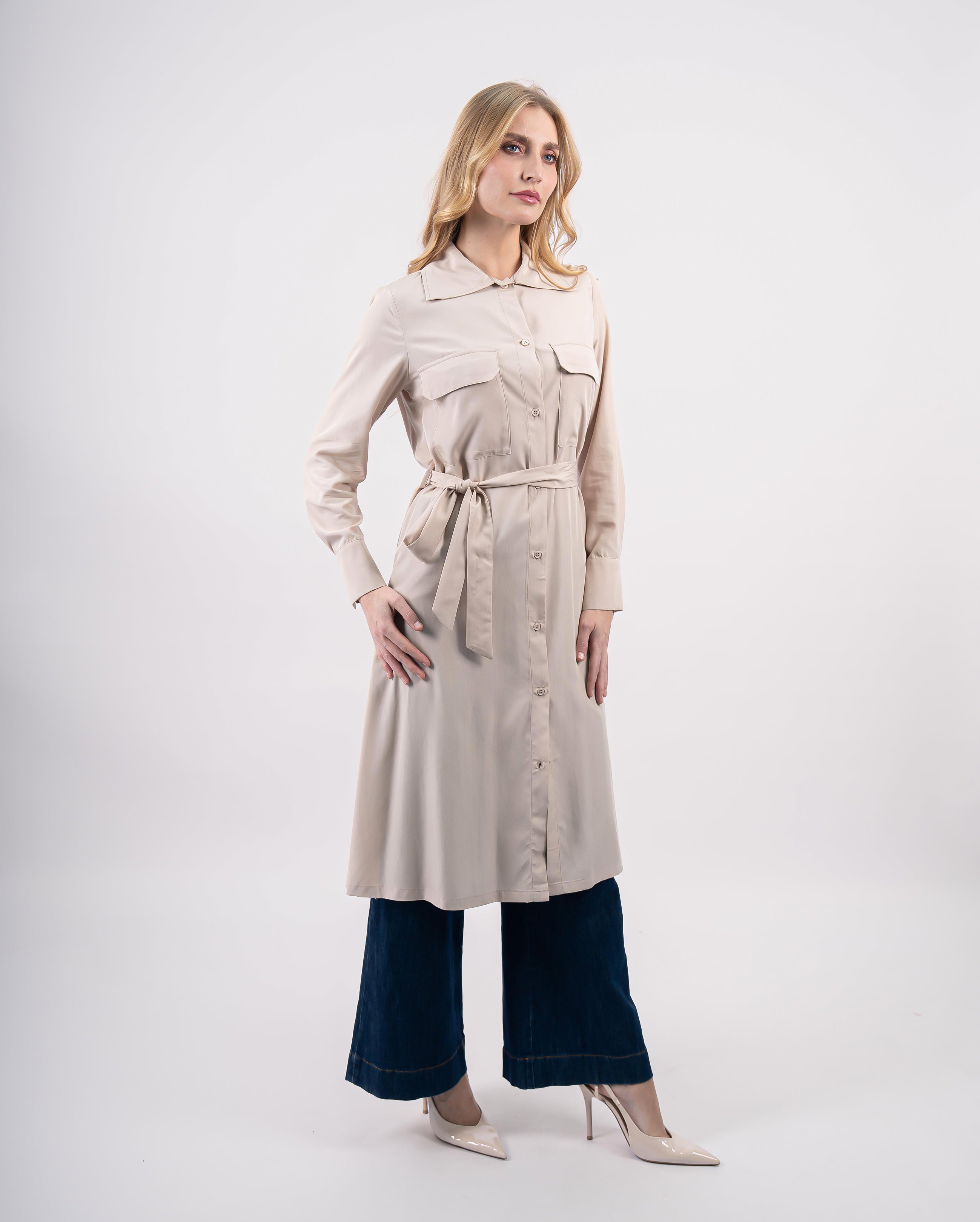 robe chemise fluide ceinturée avec poches poitrine pour femme-Beige-cote