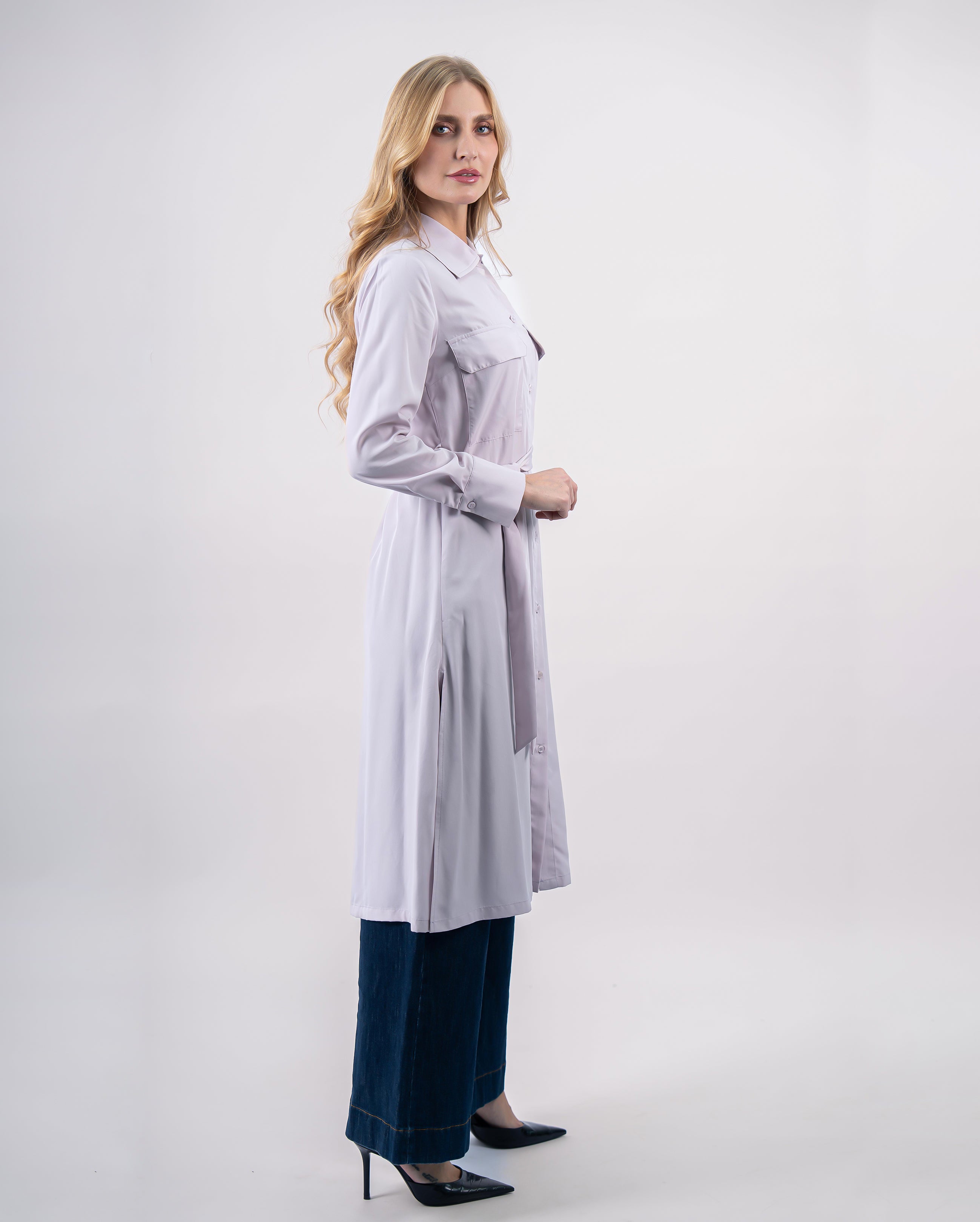 robe chemise fluide ceinturée avec poches poitrine pour femme-Mauve clair-cote