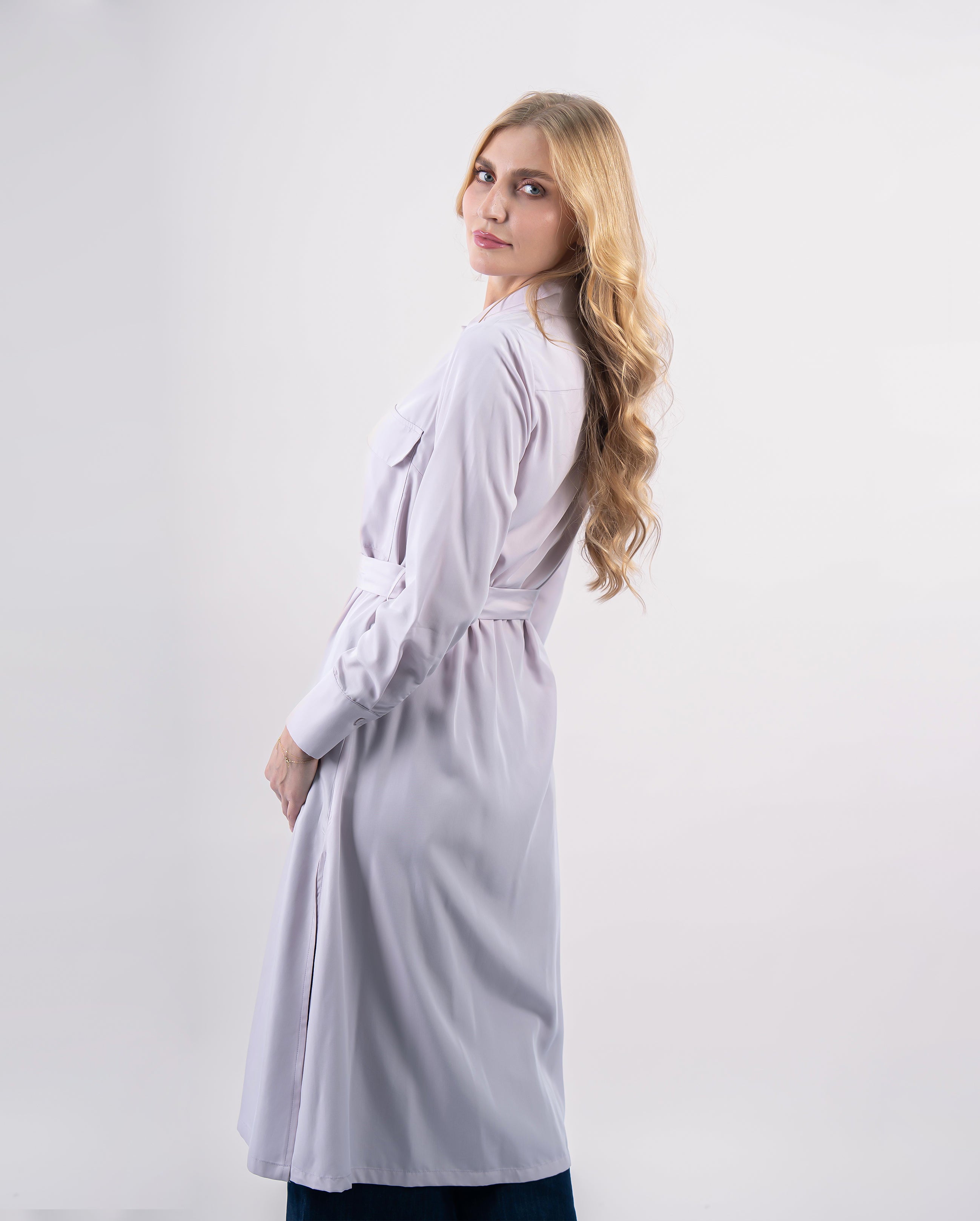 robe chemise fluide ceinturée avec poches poitrine pour femme-Mauve clair-detail