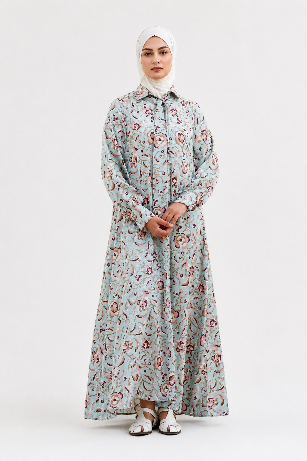 Robe longue florale pastel RAZANA vue de face avec col chemise et manches longues