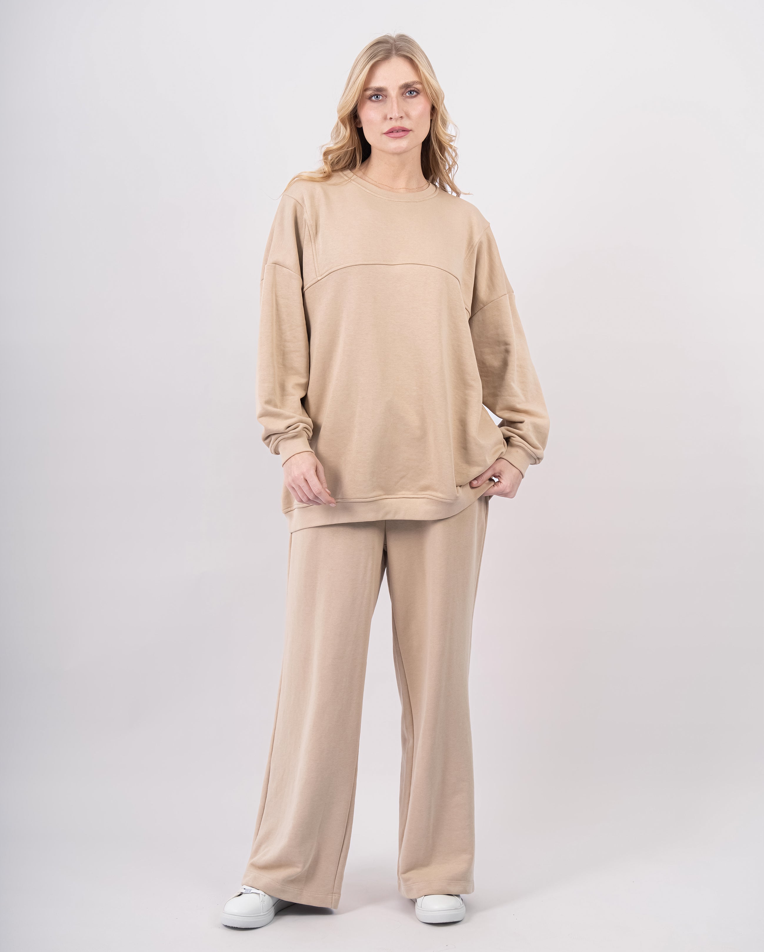 Sweatshirt col rond en molleton-Beige-face
