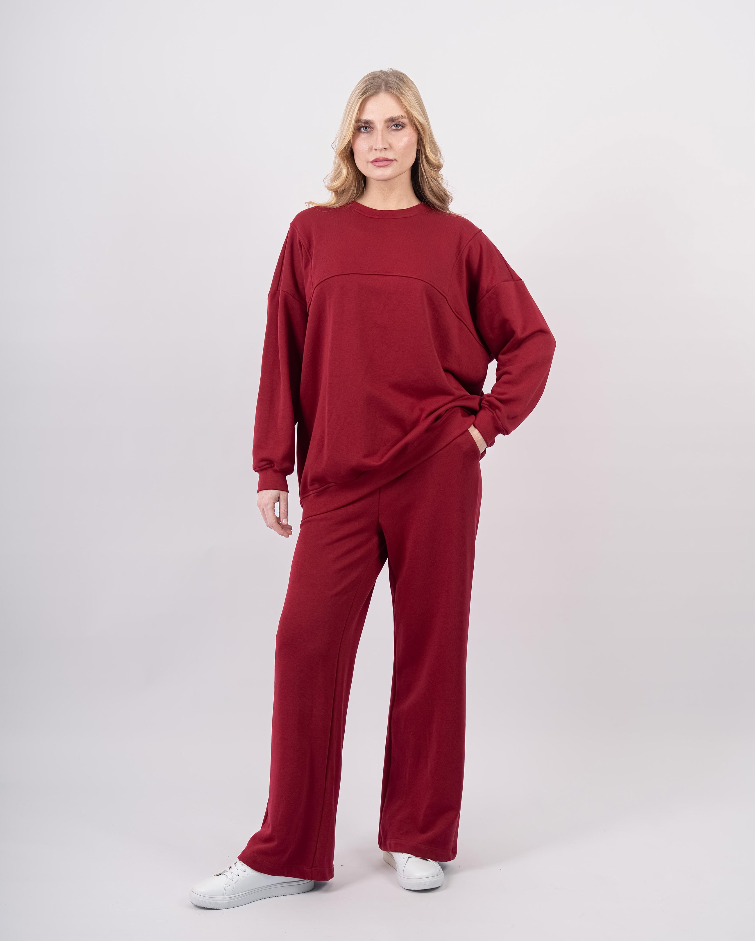 Sweatshirt col rond en molleton-Bordeaux-face