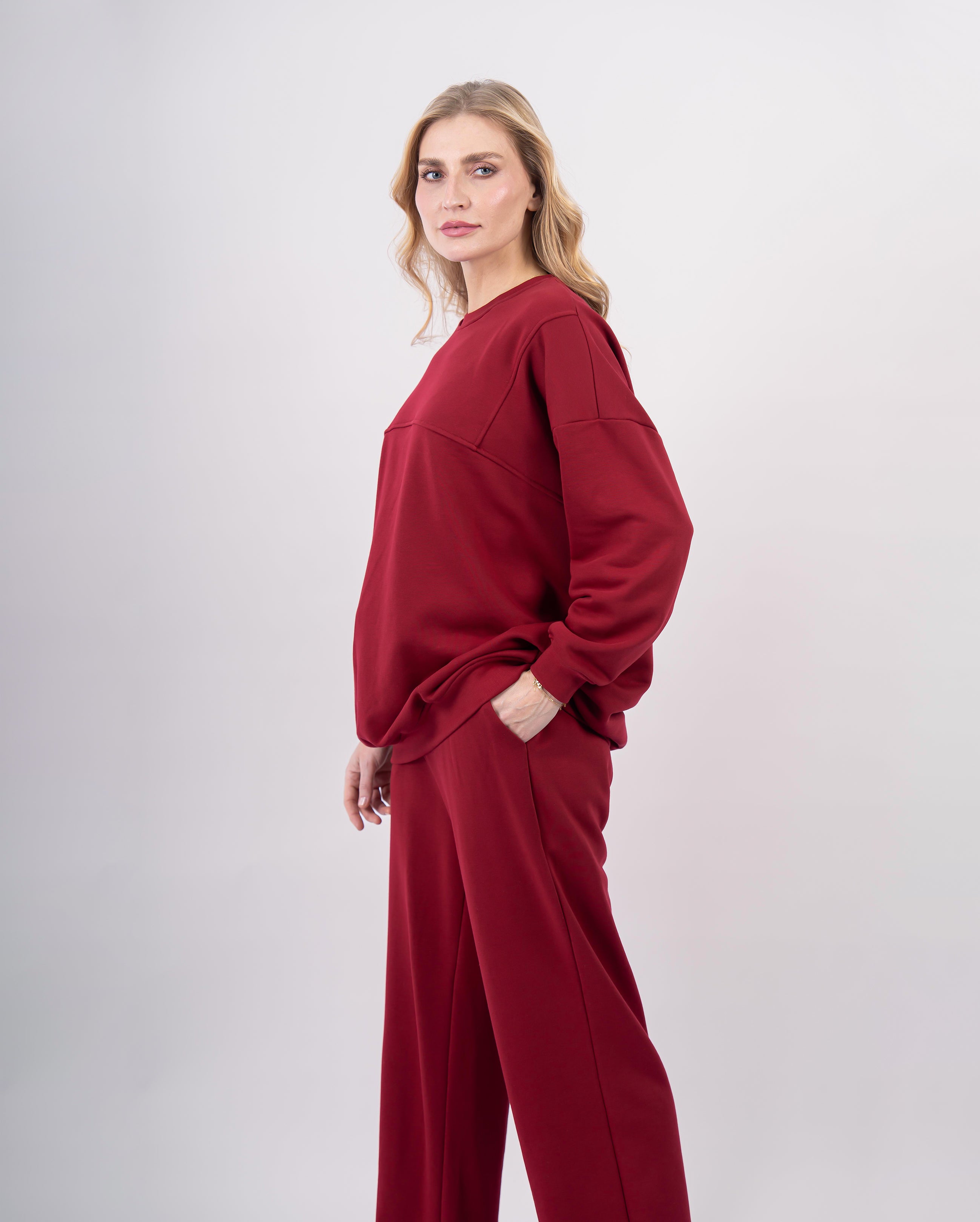 Sweatshirt col rond en molleton-Bordeaux-cote