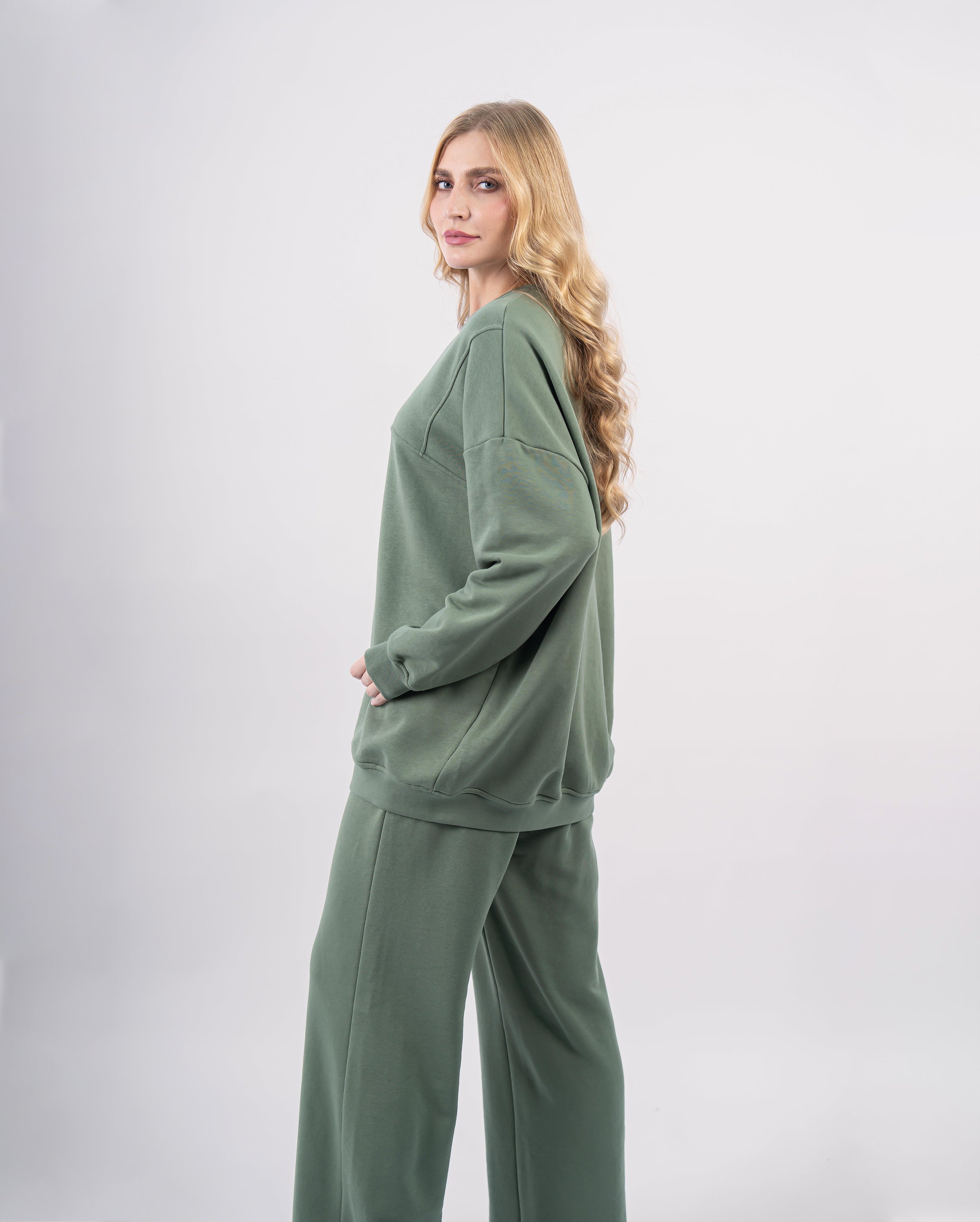 Sweatshirt col rond en molleton-Kaki-cote