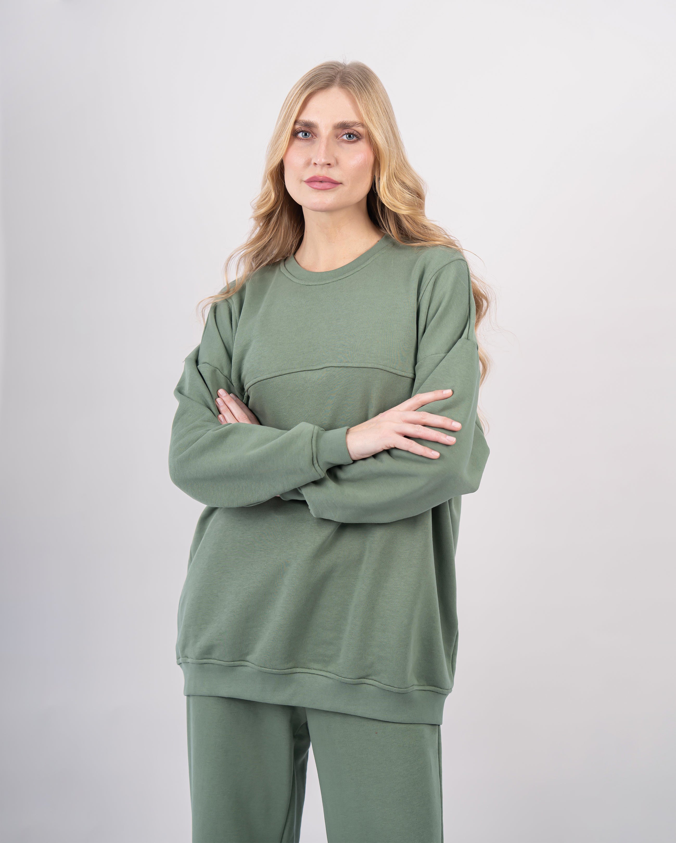 Sweatshirt col rond en molleton-Kaki-détail