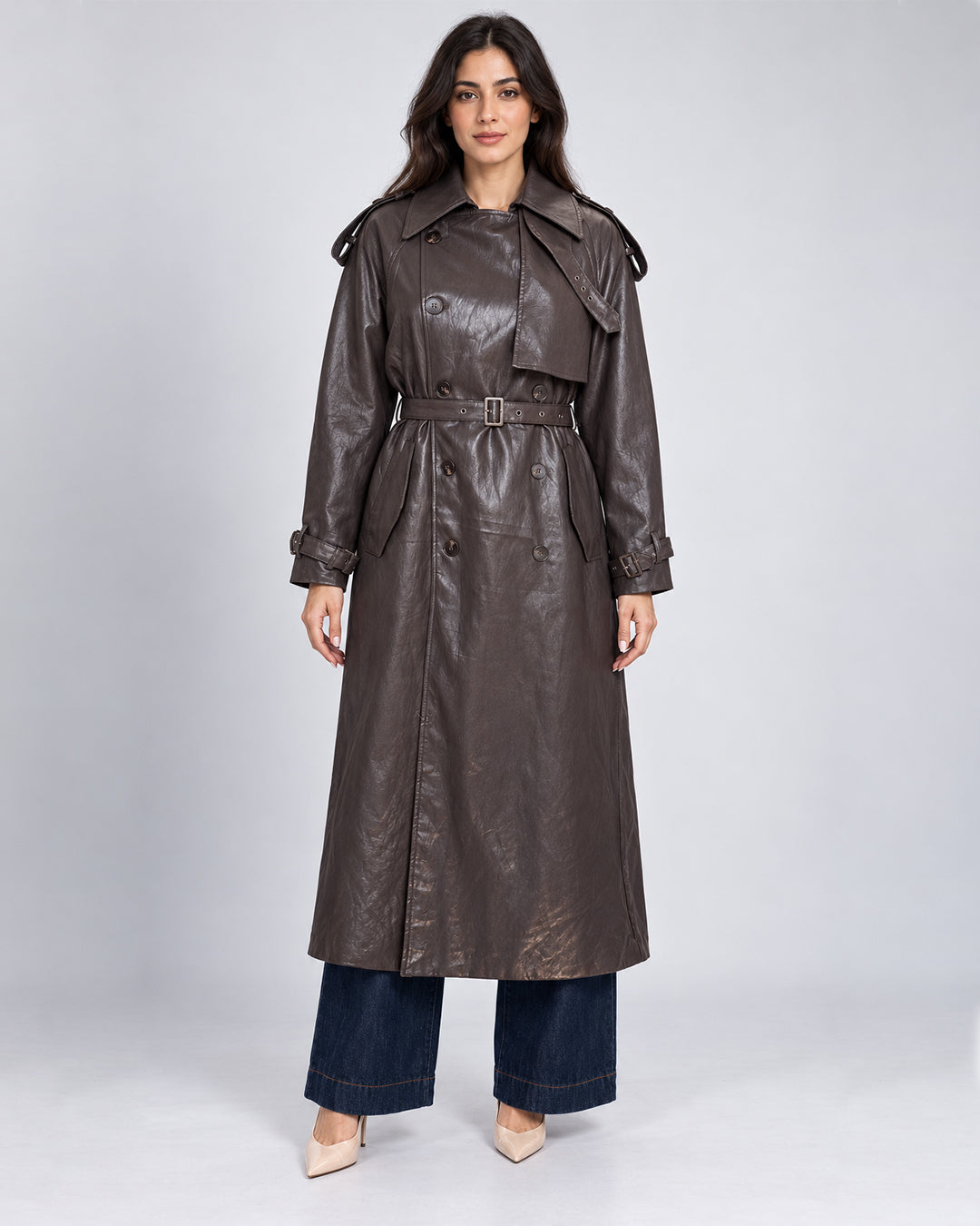 Trench long ceinturé effet cuir_face