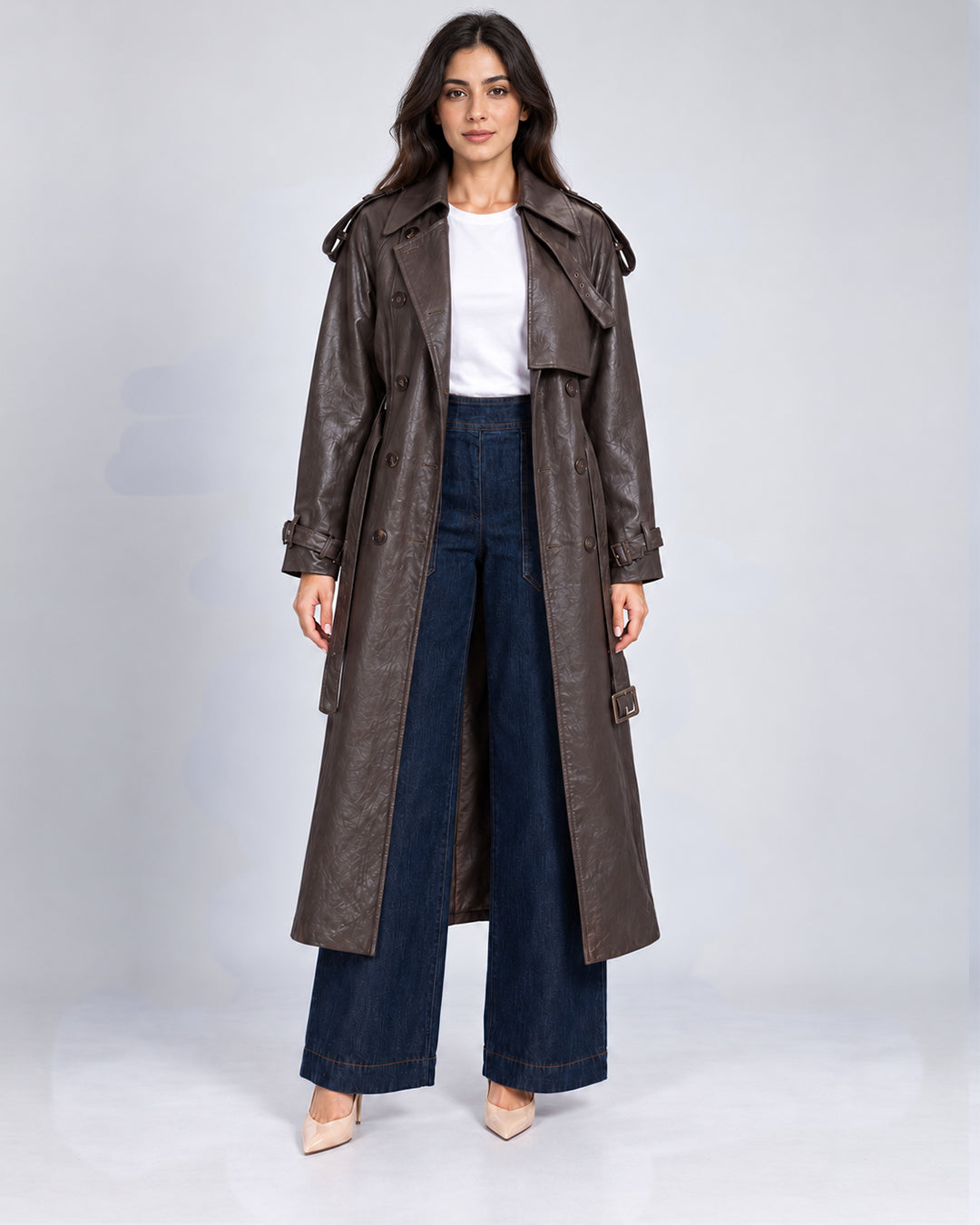 Trench long ceinturé effet cuir_face