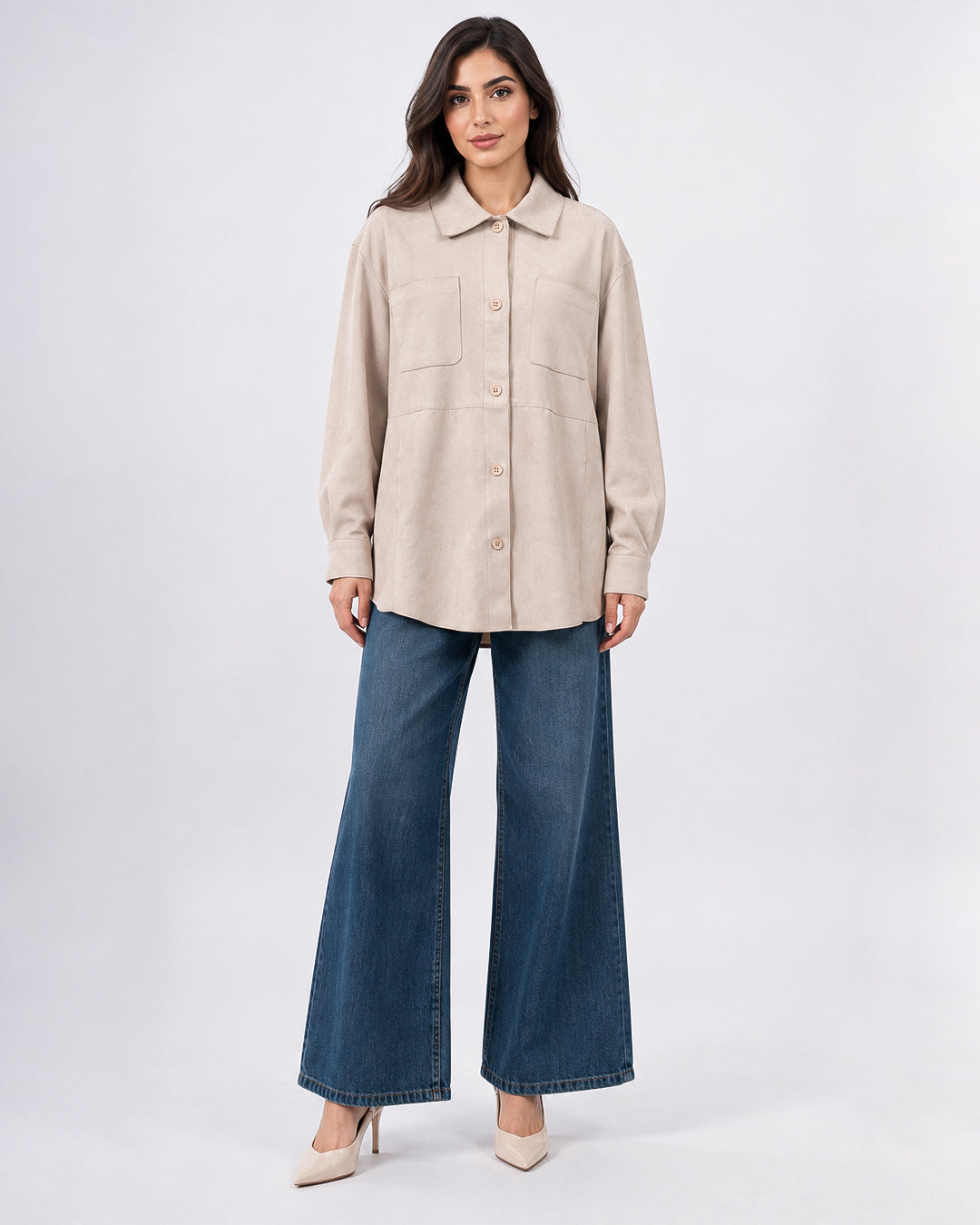 Veste surchemise oversize effet daim à poches_Beige_face