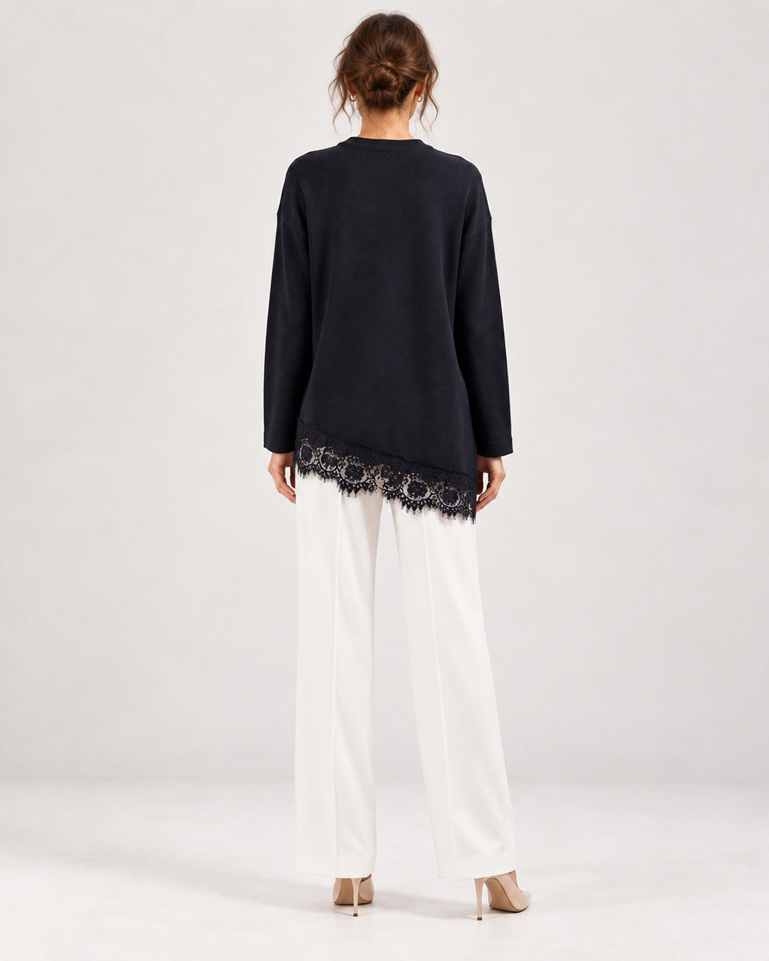 Pull long en maille à finition dentelle florale_Noir_vue de dos