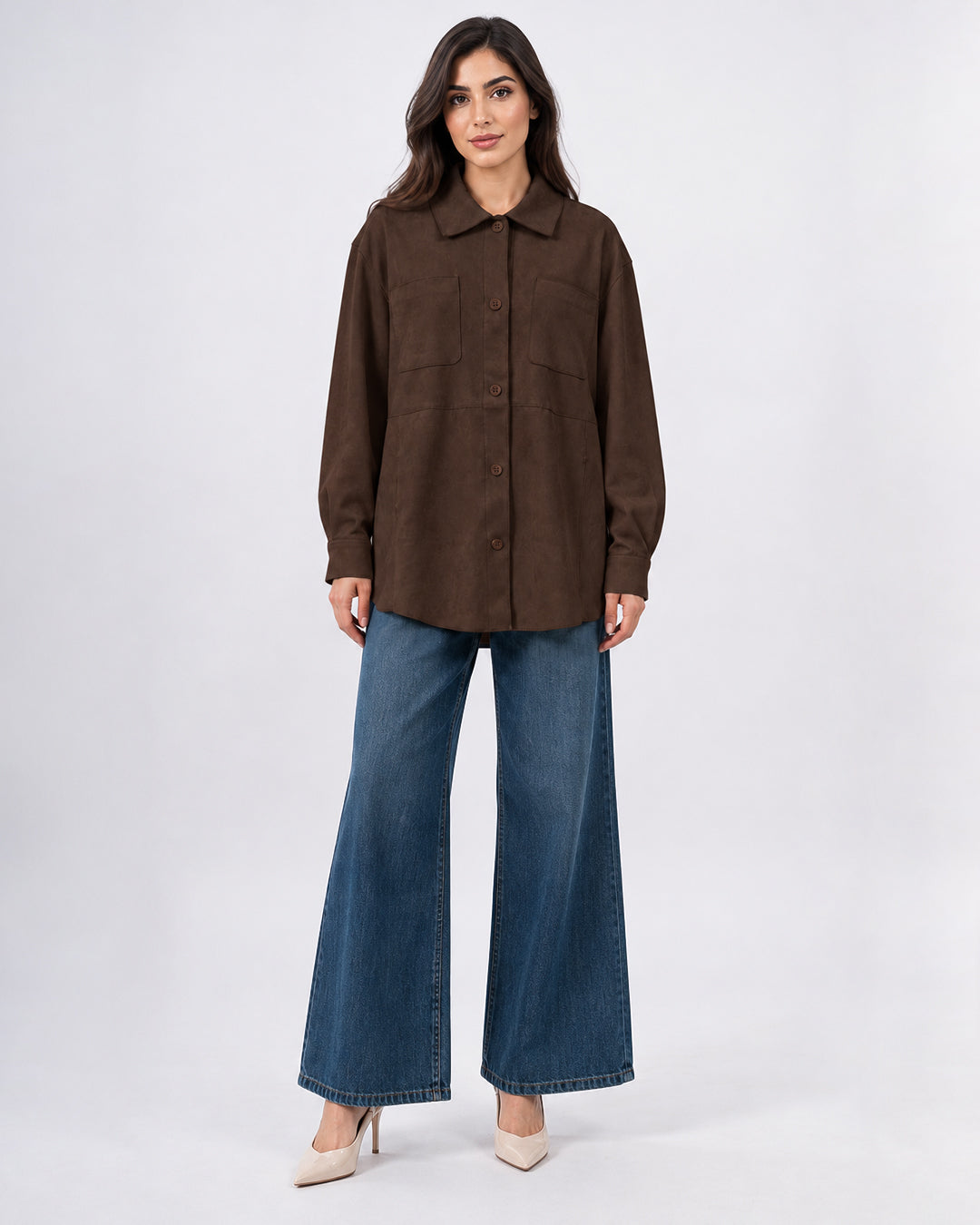 Veste surchemise oversize effet daim à poches_Marron_face