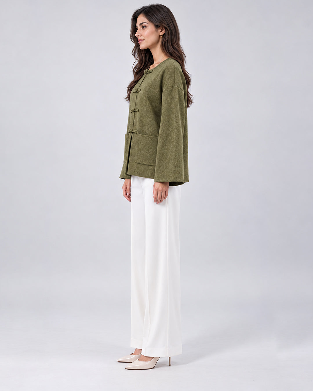Veste Oversize en Maille avec Fermoirs Brandebourg_Vert kaki_cote