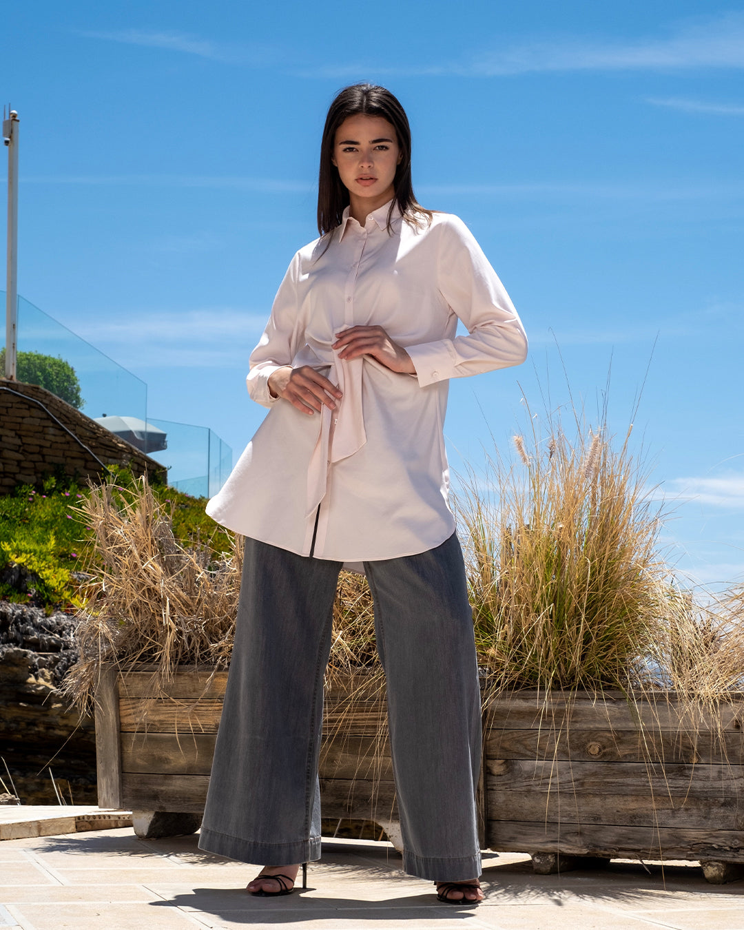 Chemise Tunique Longue Rose avec Ceinture