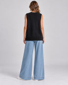 Pull Sans Manches Oversize en Maille à Col V_Noir_dos