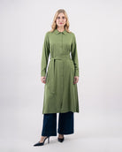 robe chemise fluide ceinturée pour femme-Vert olive-face