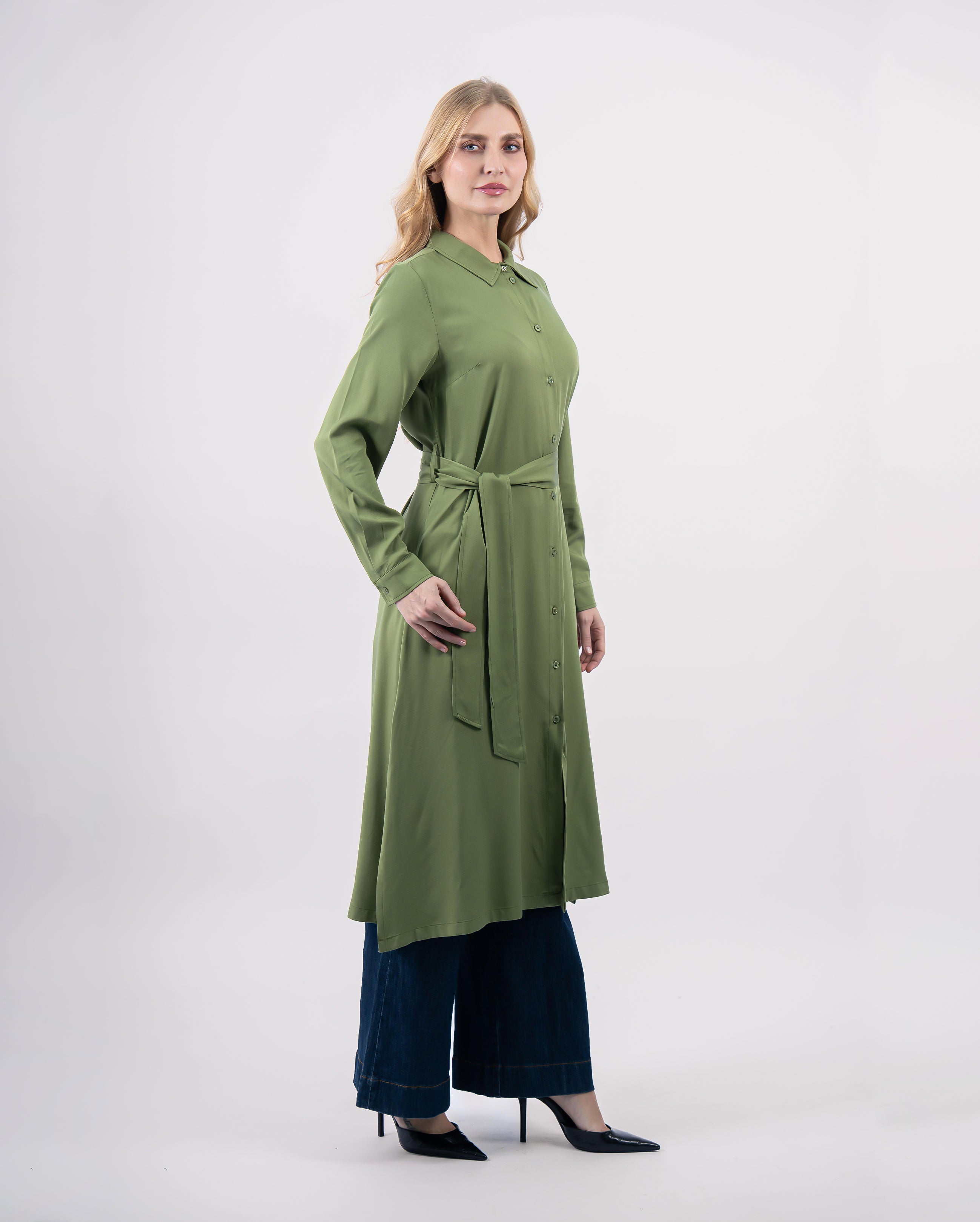 robe chemise fluide ceinturée pour femme-Vert olive-cote