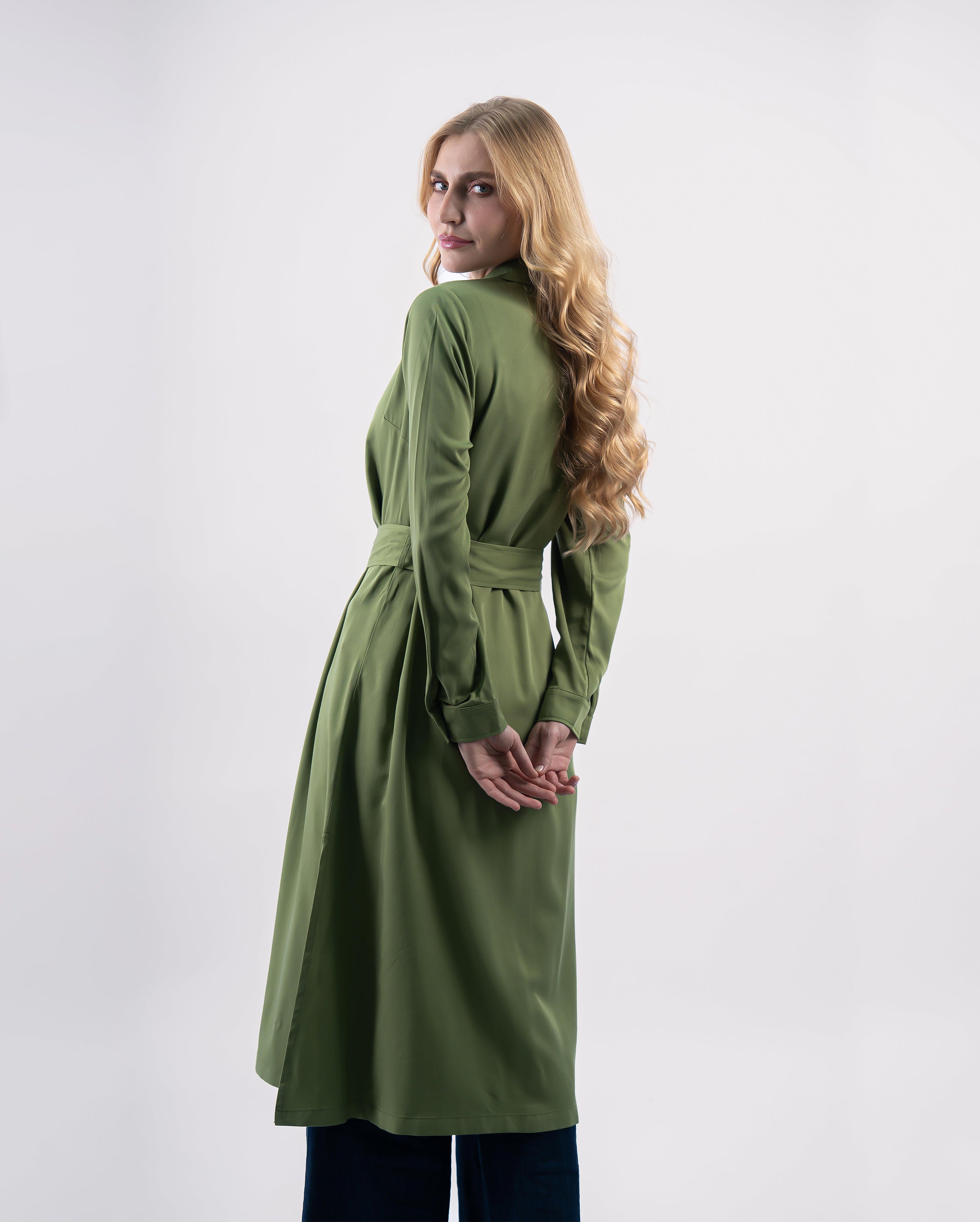 robe chemise fluide ceinturée pour femme-Vert olive-detail