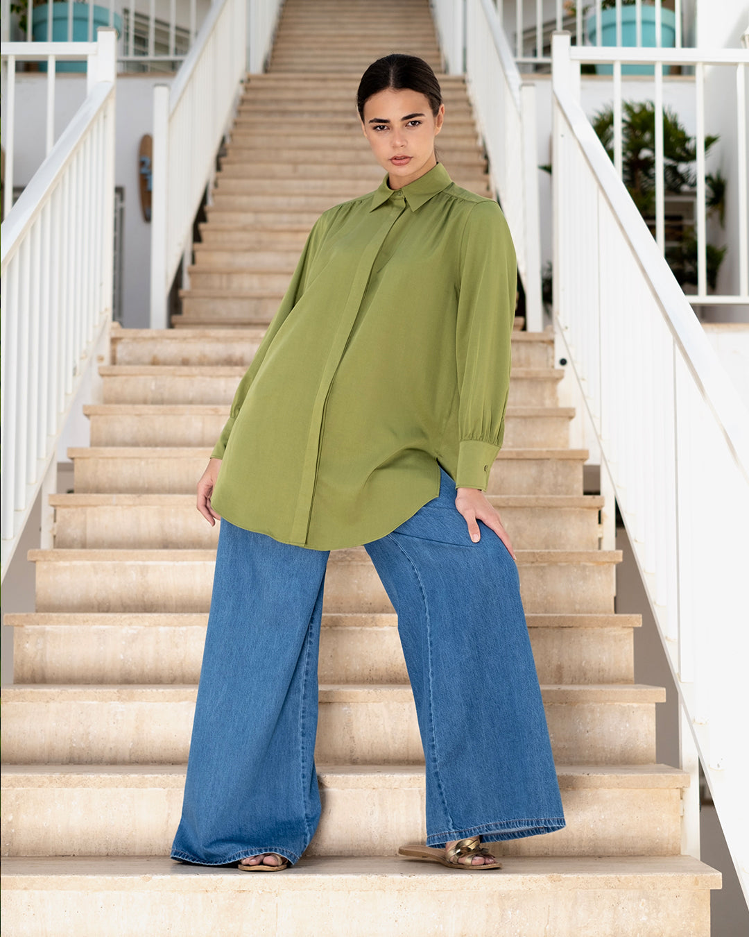 Chemise Longue Froncée Vert Olive