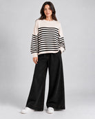 Pull Oversize en maille à rayures contrastées et manches longues_Beige_face