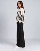 Pull Oversize en maille à rayures contrastées et manches longues_Beige_cote