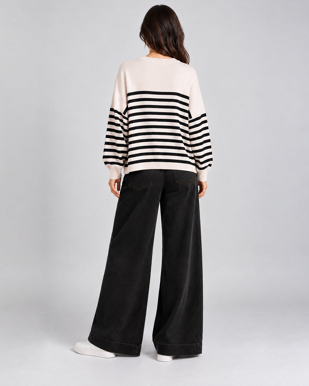Pull Oversize en maille à rayures contrastées et manches longues_Beige_dos